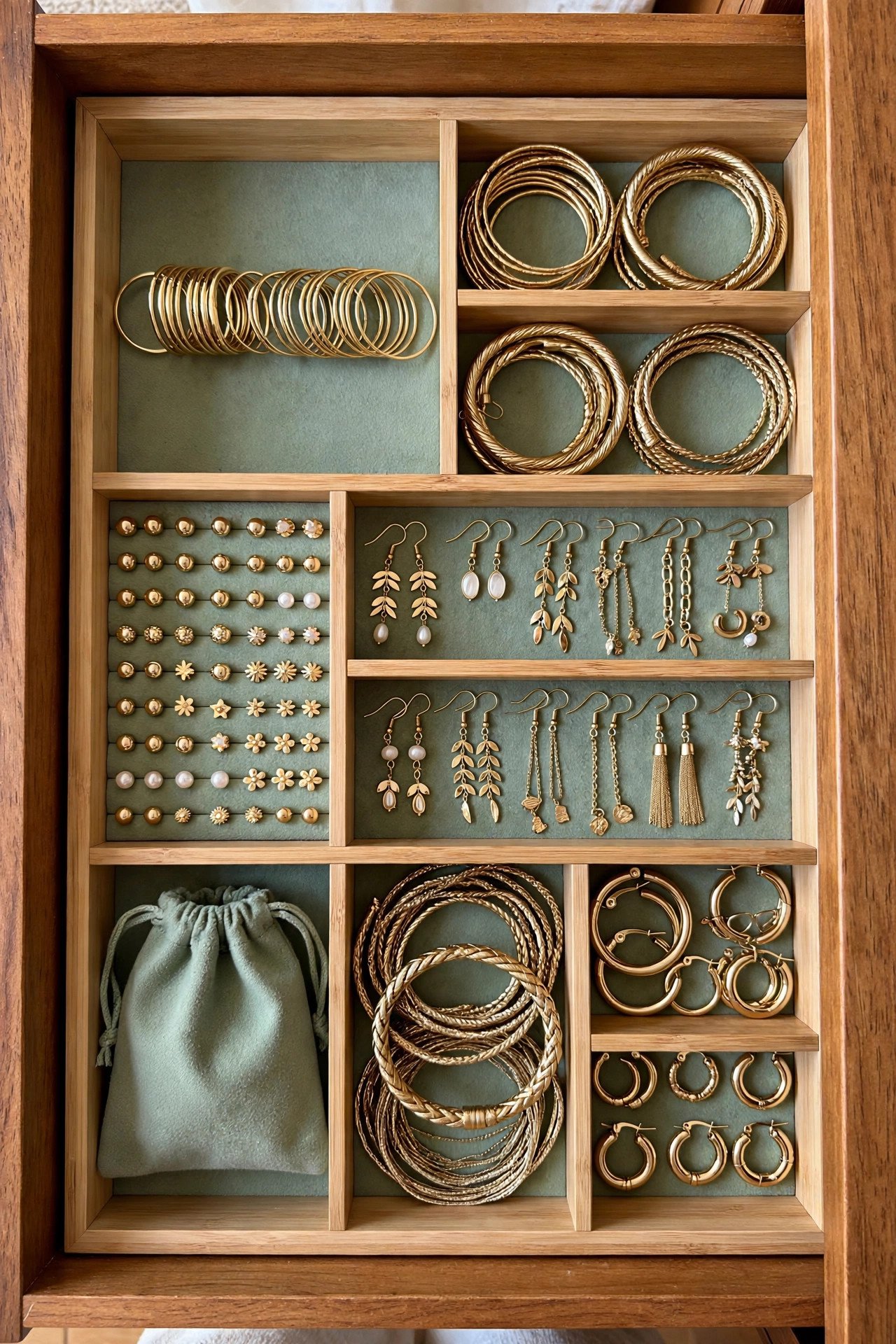 Dresser drawer with bamboo dividers creating neat sections for rings, earrings, and bracelets, smart jewelry organization