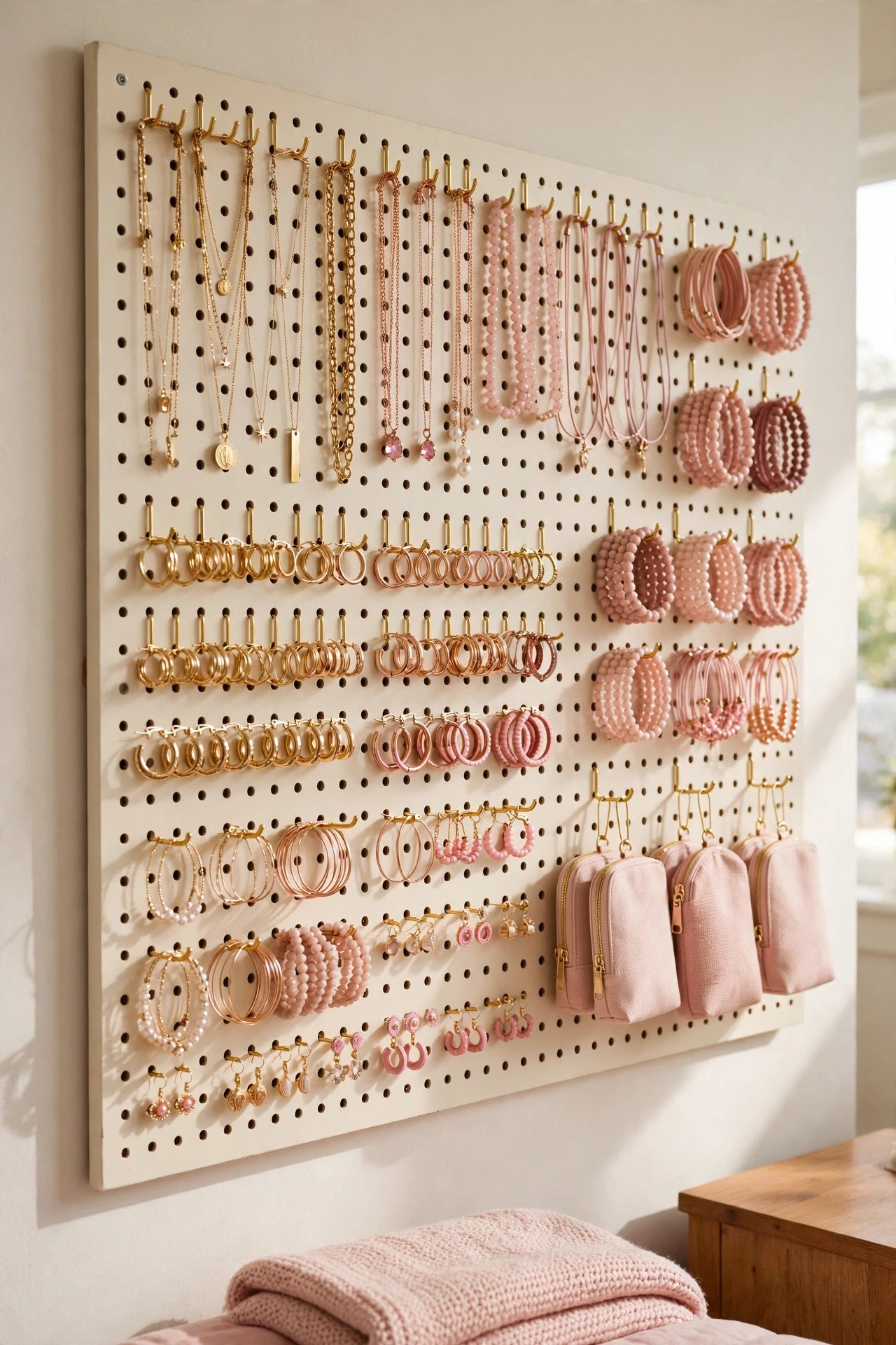 Cream pegboard wall with gold hooks holding necklaces and earrings, a creative jewelry organization display