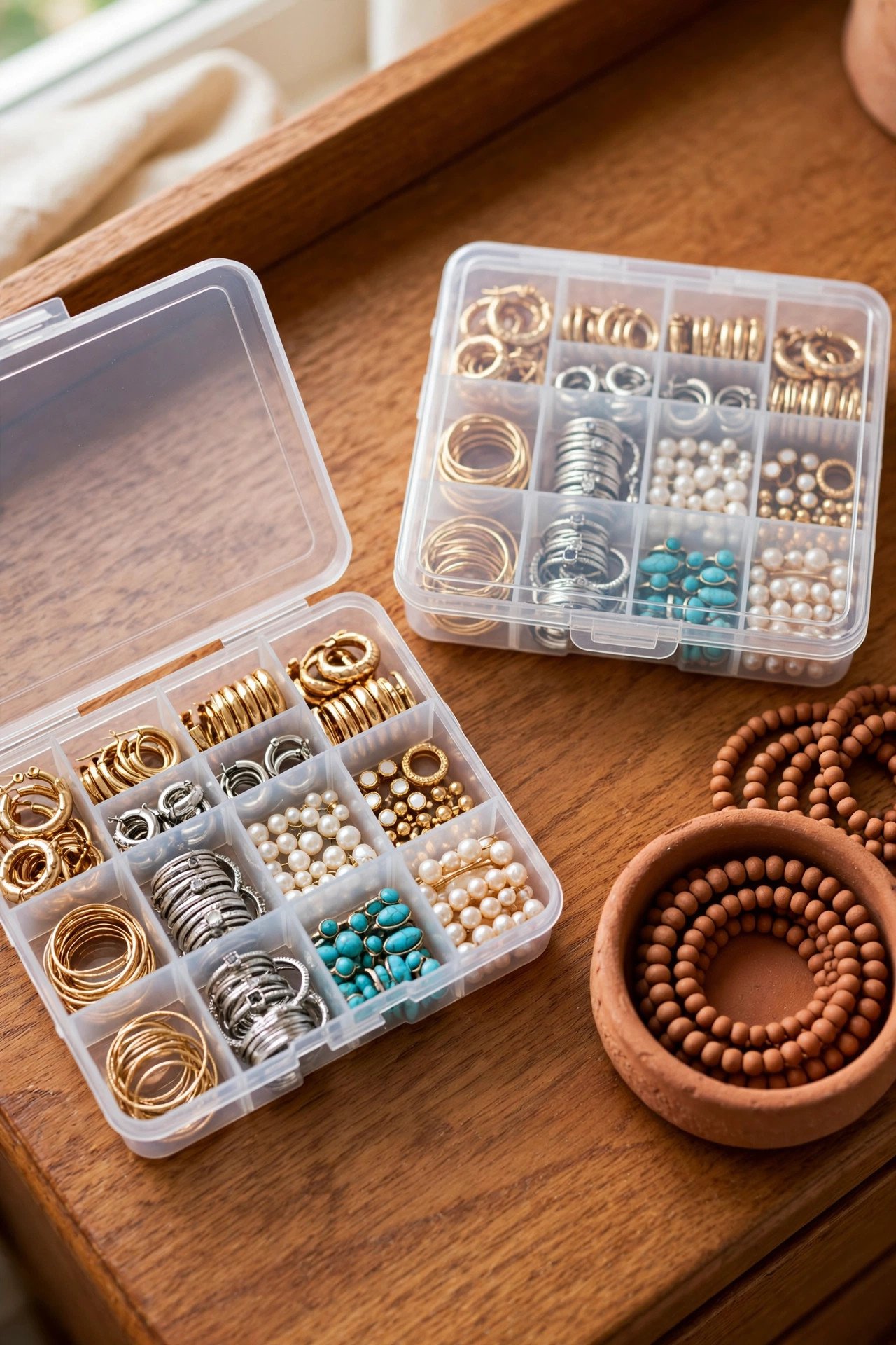 Clear dollar store organizer cases with compartments full of rings and earrings, budget-friendly jewelry organization
