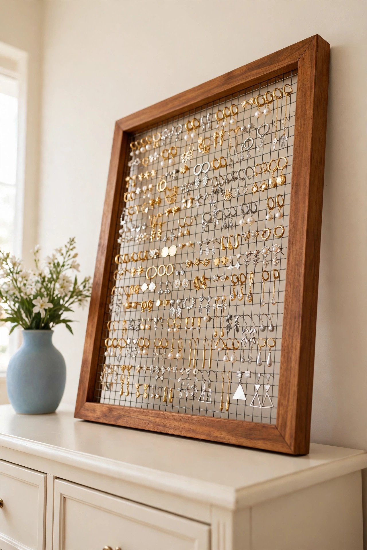 Wooden picture frame with wire mesh backing displaying dangle earrings, a DIY jewelry organization project