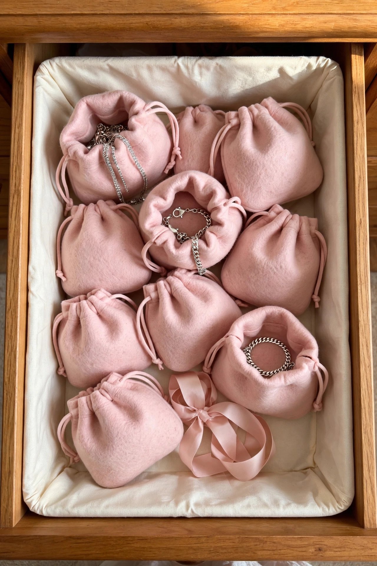 Silver necklaces wrapped in soft pink felt pouches inside a drawer, anti-tarnish jewelry organization