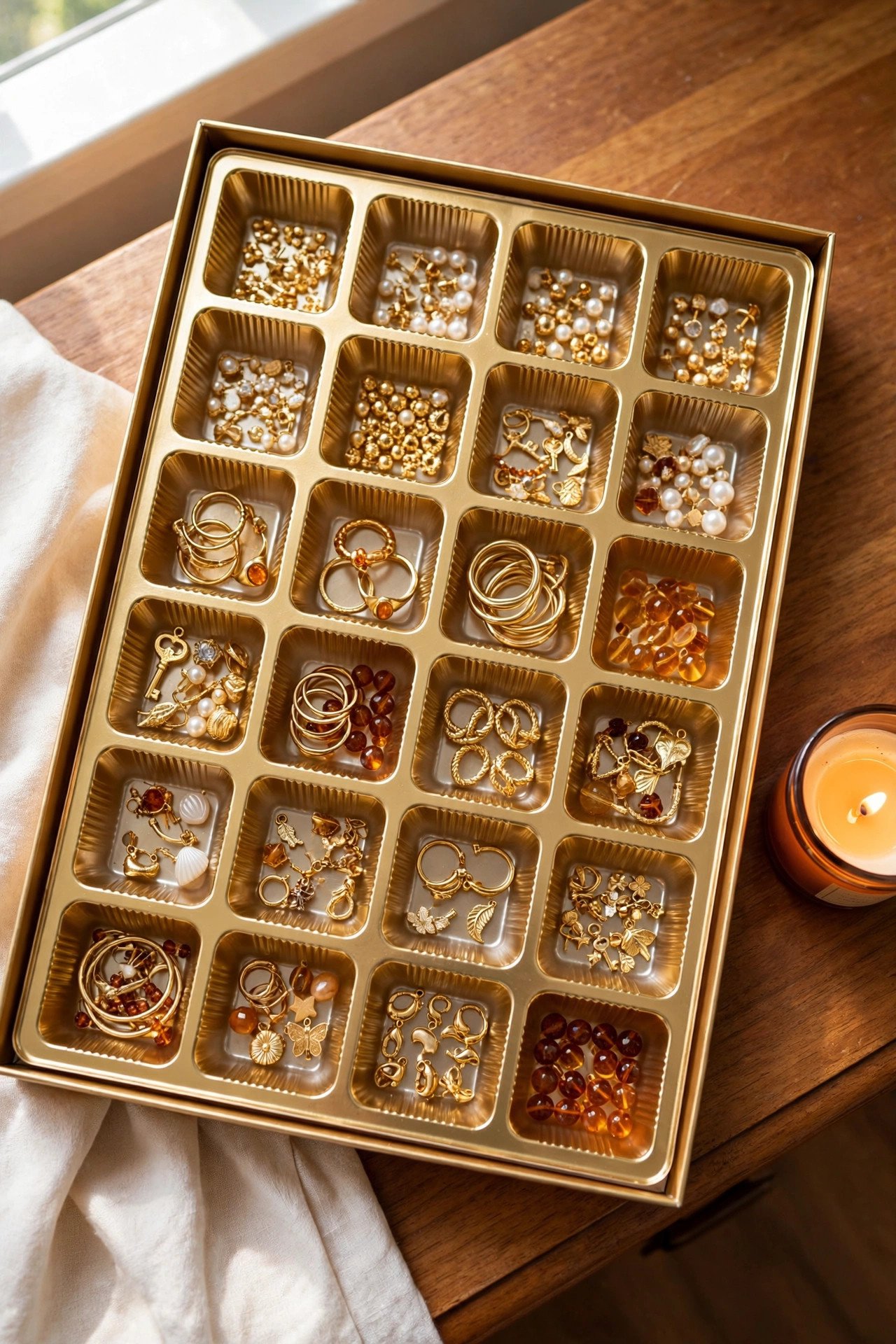 Repurposed gold candy box tray with compartments holding rings and stud earrings, clever repurposed jewelry organization