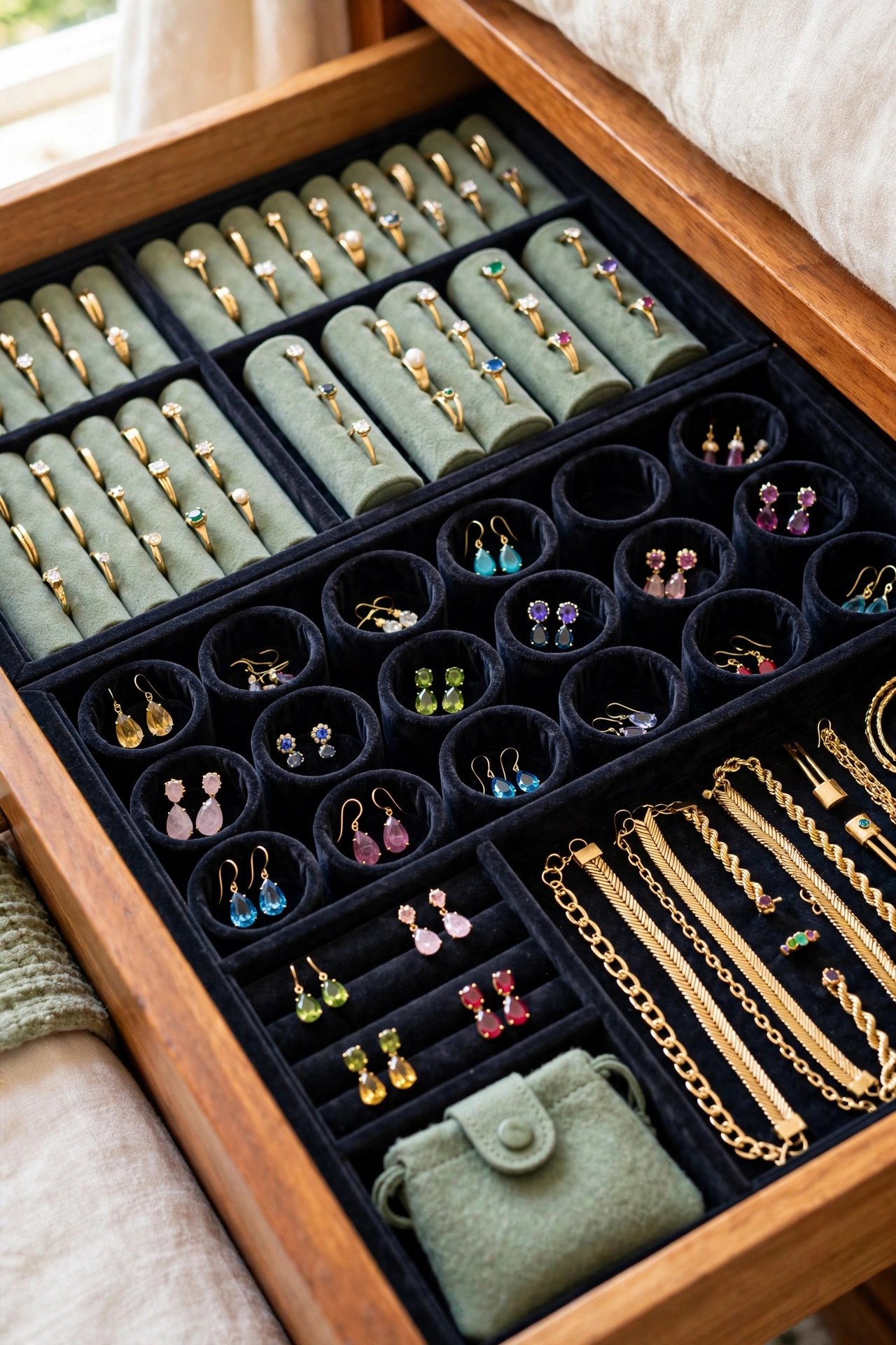 Velvet-lined drawer inserts with compartments full of rings and colorful earrings, elegant jewelry organization
