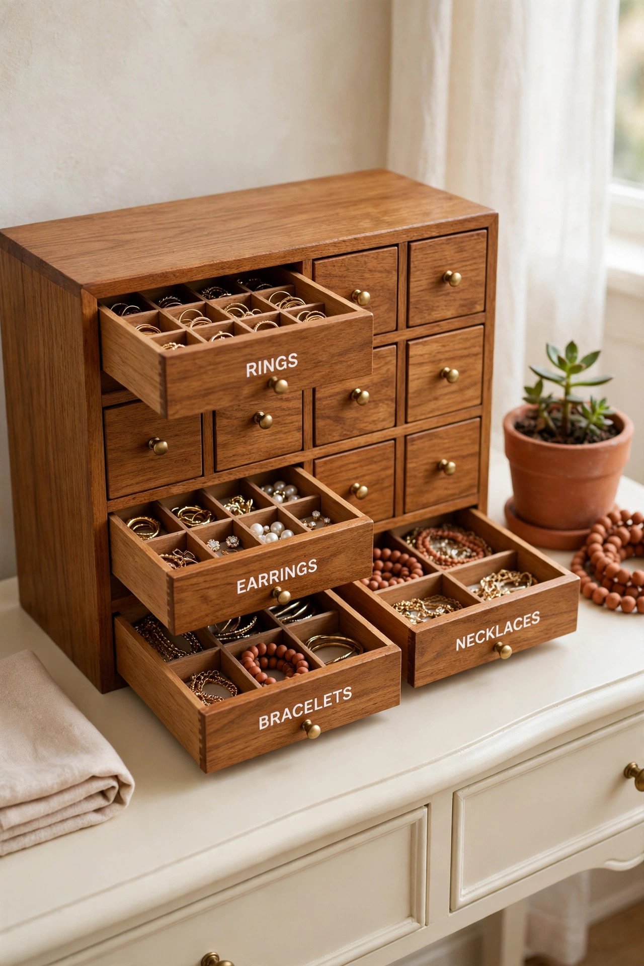Small wooden mini cabinet with labeled tiny drawers full of sorted jewelry on a vanity, compact jewelry organization