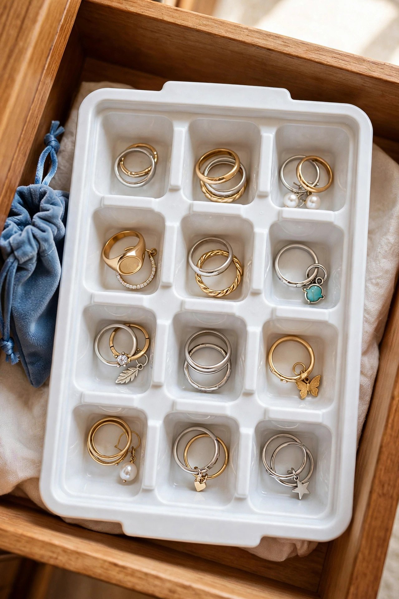 Ice cube tray inside a drawer sorting gold rings into individual cups, a clever jewelry organization hack