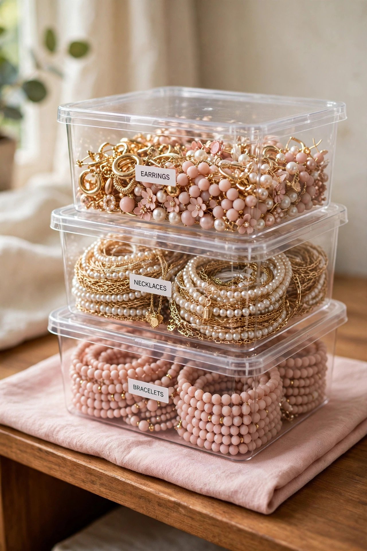 Stacked clear containers with lids and labels storing sorted jewelry, dust-free jewelry organization