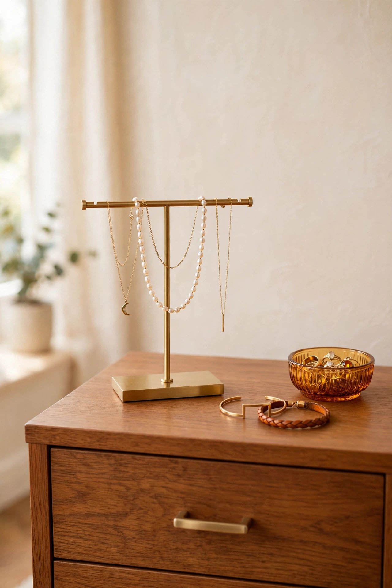 Minimal bar-style jewelry stand with everyday necklaces on a small dresser, elegant jewelry organization