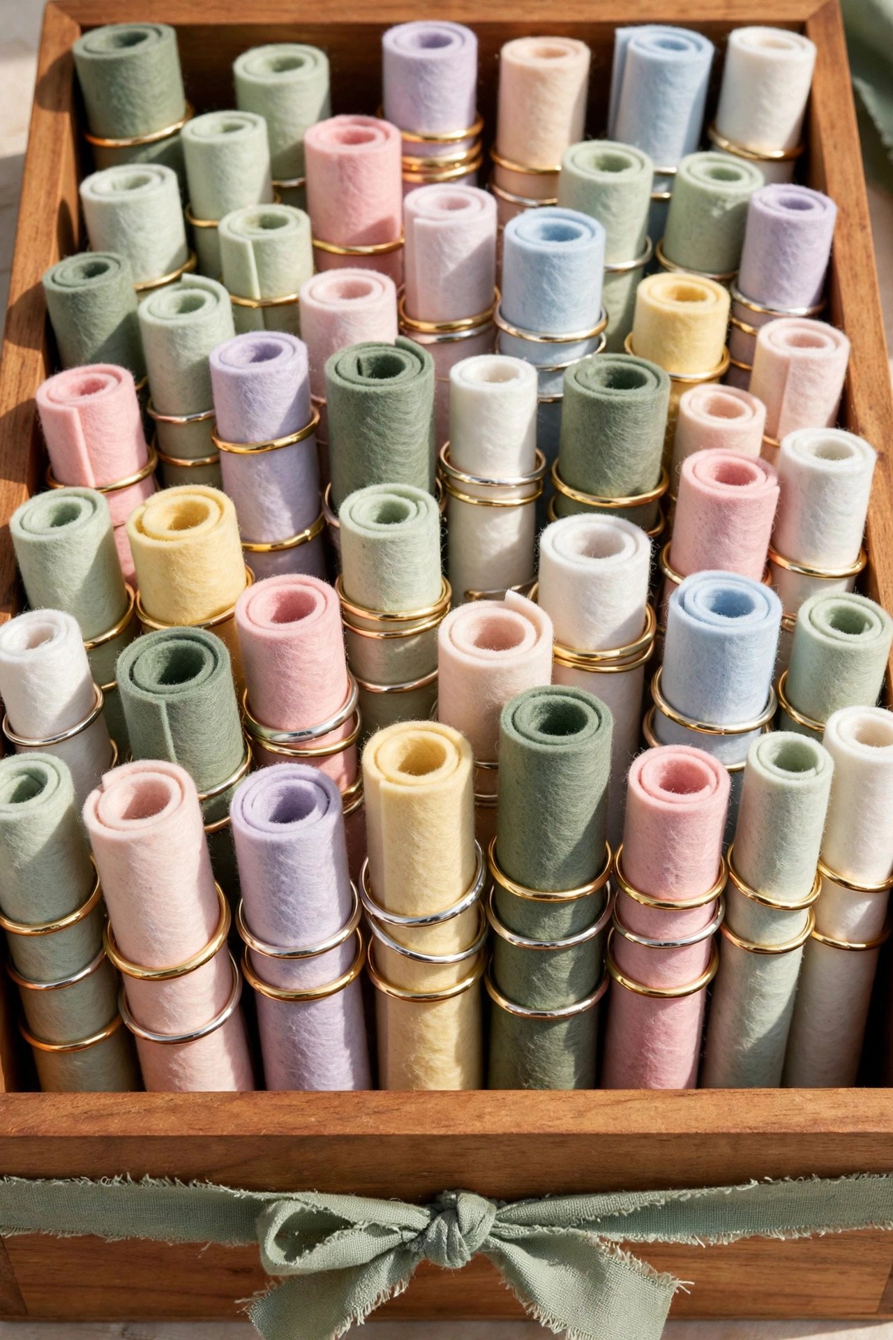 Colorful rolled felt strips holding rings upright in a wooden box, soft handmade jewelry organization
