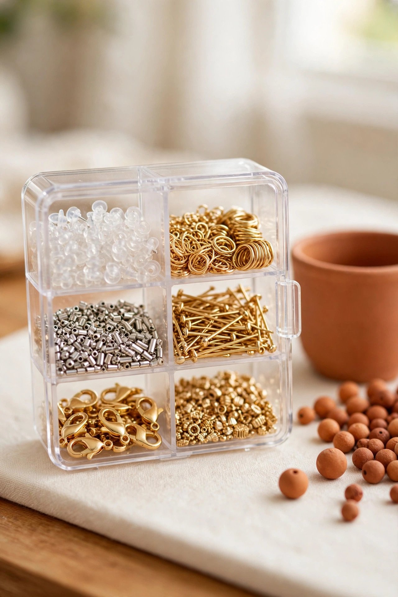 Small clear compartment case on a vanity holding earring backs and tiny findings, detail-level jewelry organization