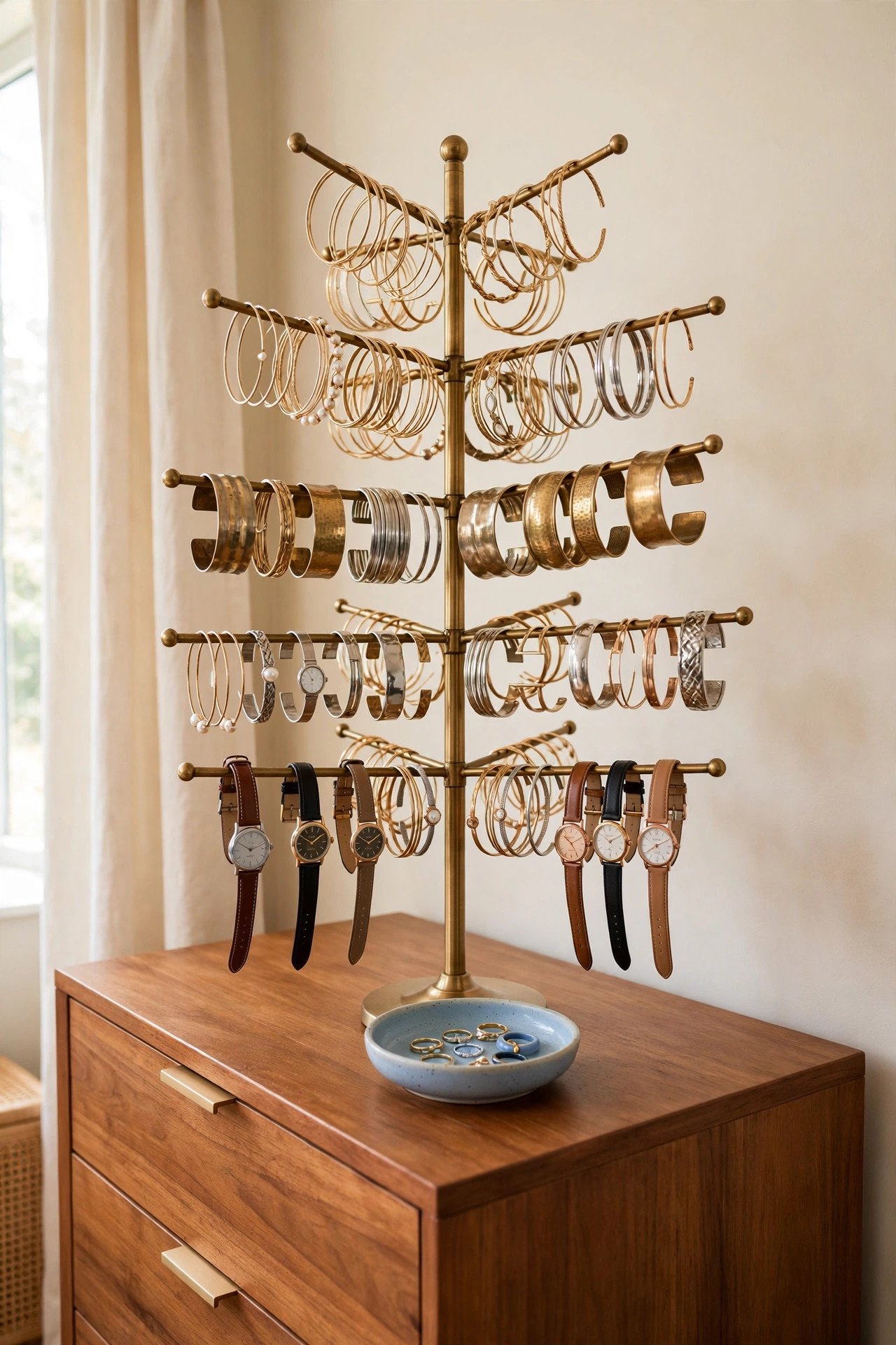 Bracelet tree stand with layered arms holding bangles and watches on a dresser, vertical jewelry organization
