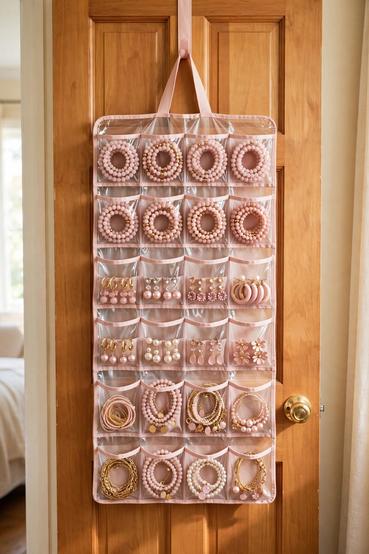 Clear-pocket shoe organizer on the back of a door storing jewelry visibly, space-saving jewelry organization