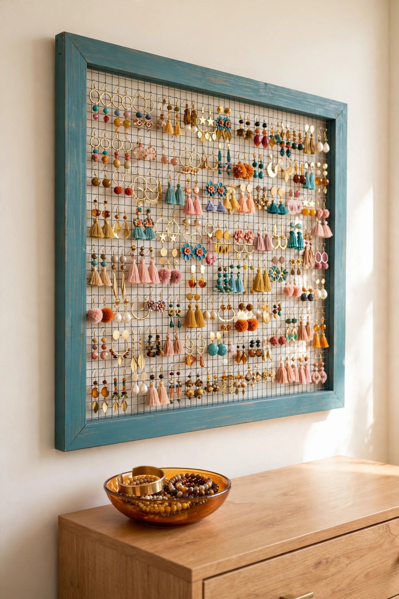 Teal painted frame earring board with mesh backing hanging on a bedroom wall, colorful DIY jewelry organization