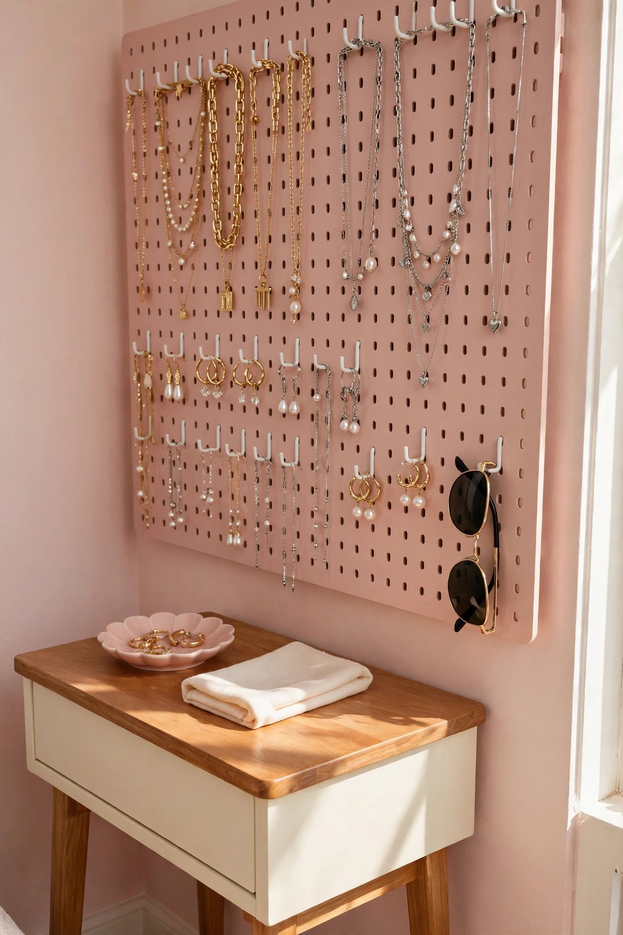 Blush pink pegboard with small hooks displaying necklaces and earrings above a vanity, trendy jewelry organization