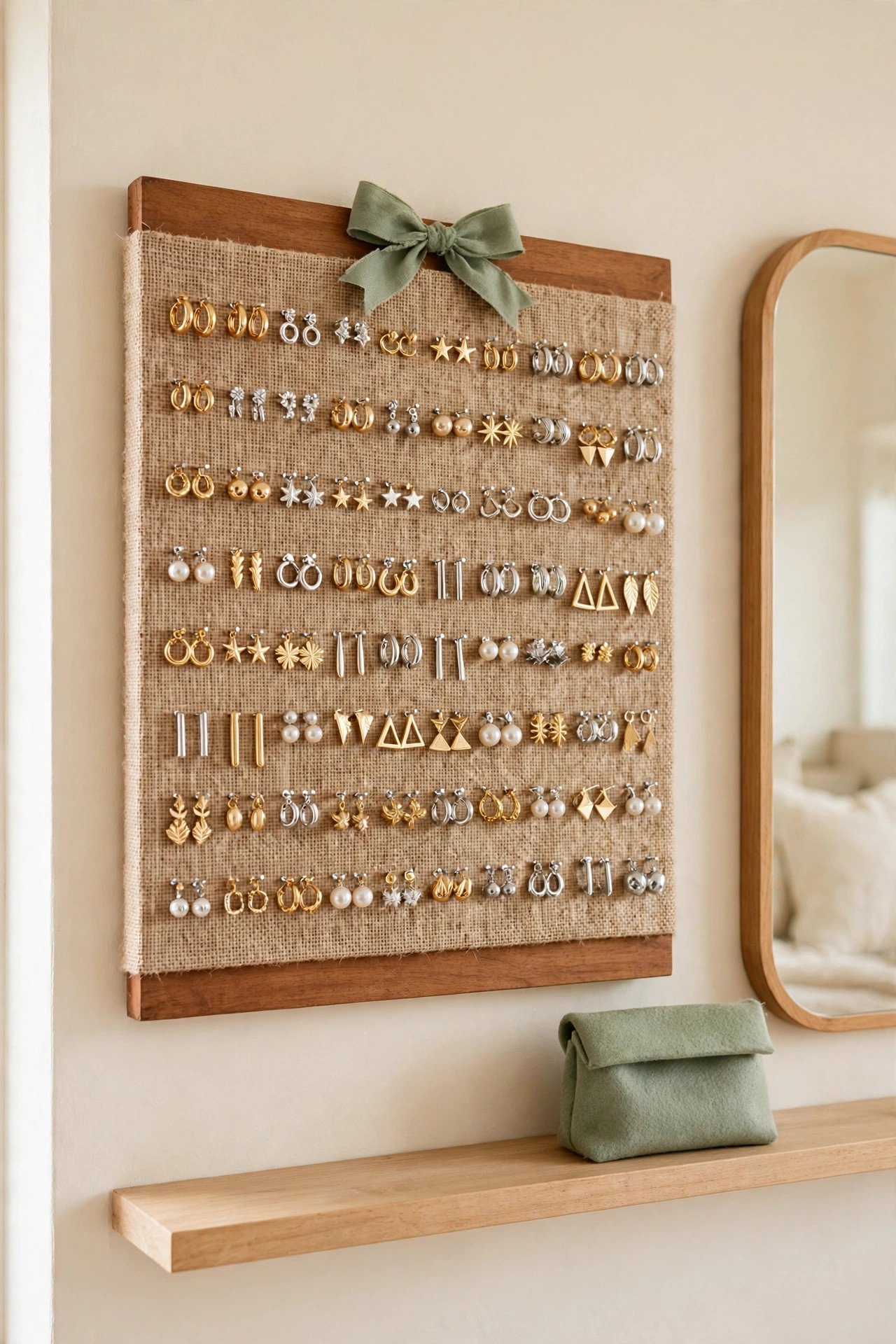 Burlap-covered board on a wall near a mirror displaying earring pairs, rustic jewelry organization