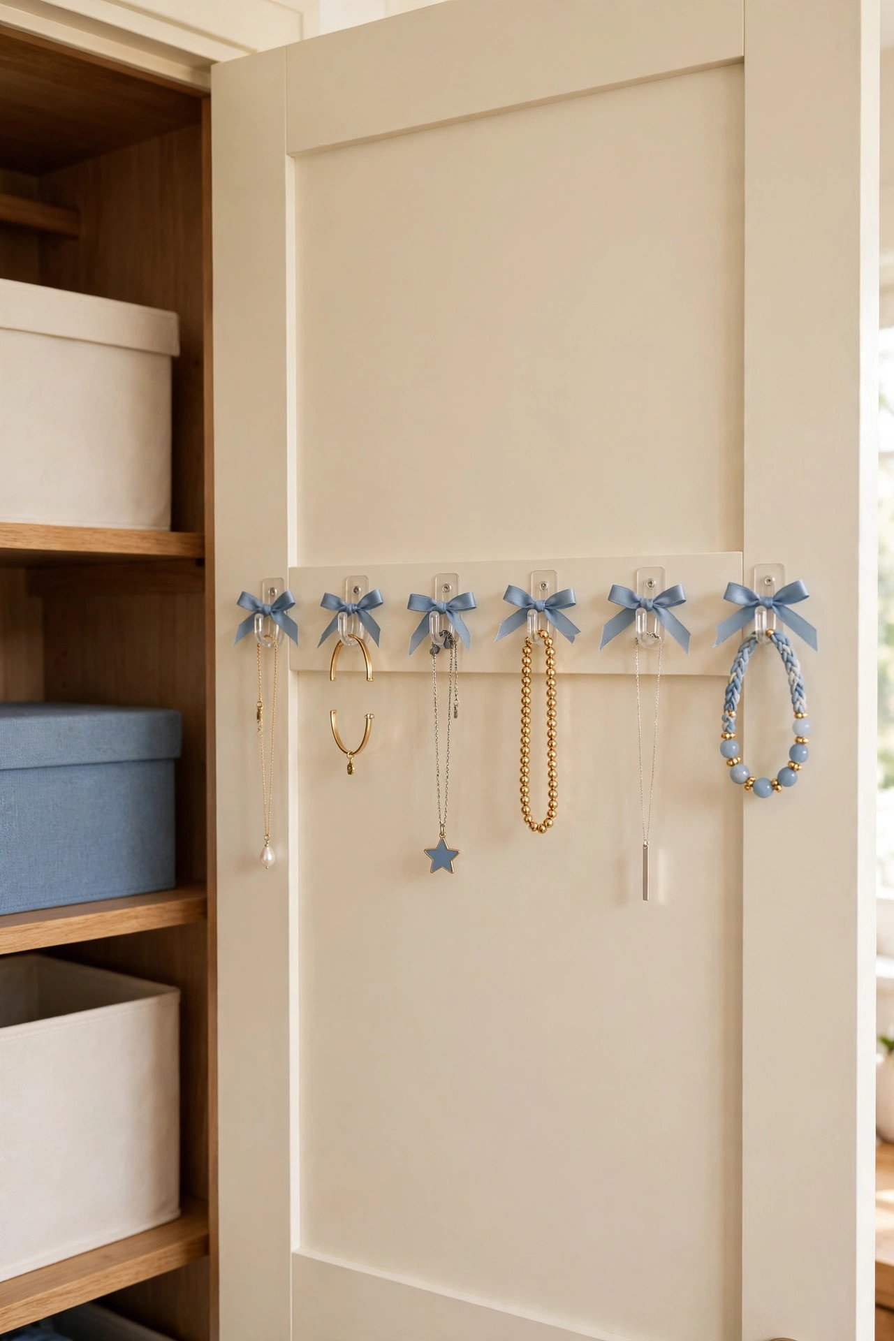 Small adhesive hooks on the inside of a closet door each holding a necklace, hidden jewelry organization