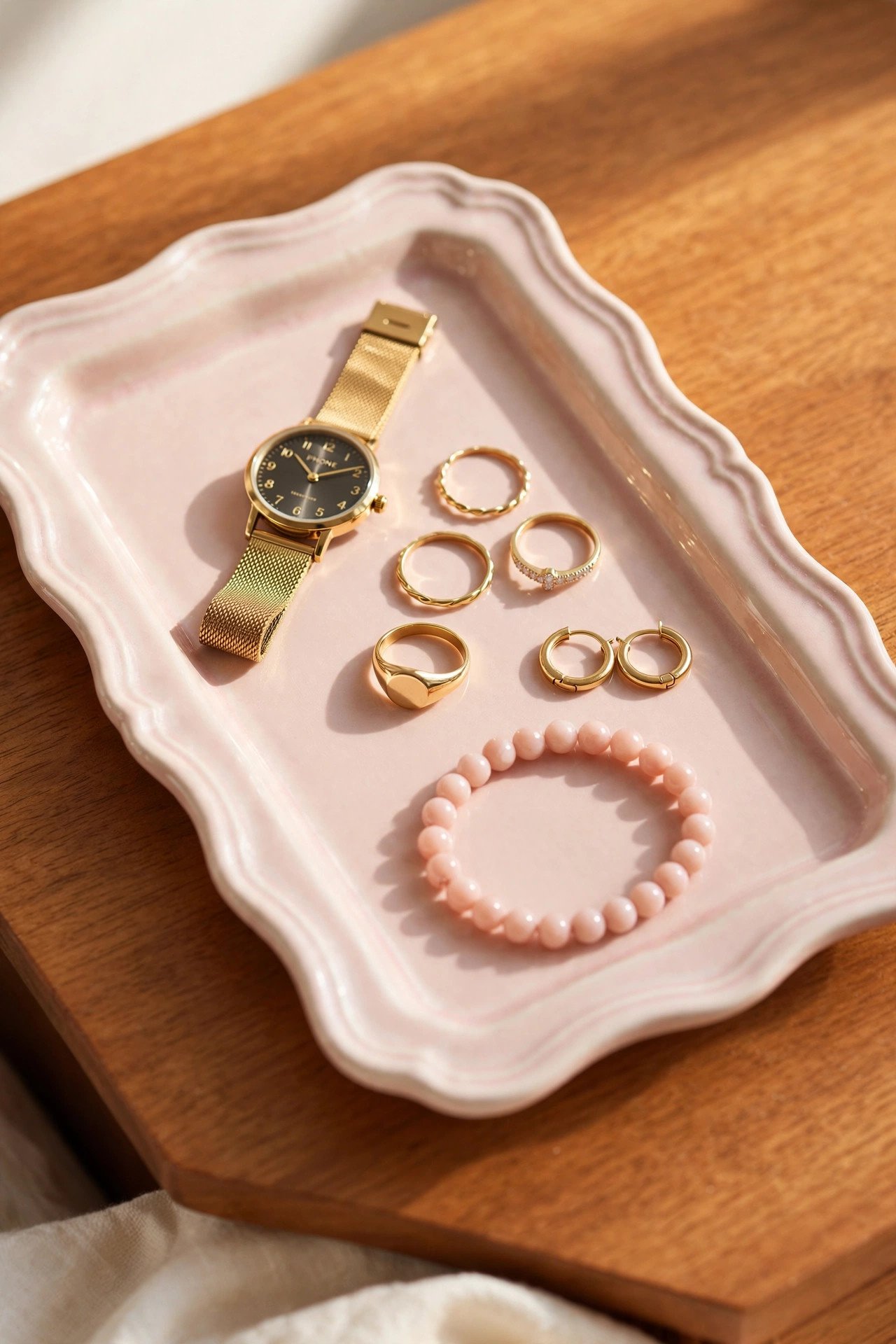 Decorative tray on a nightstand with a watch, rings, and earrings as a daily catch-all, simple jewelry organization