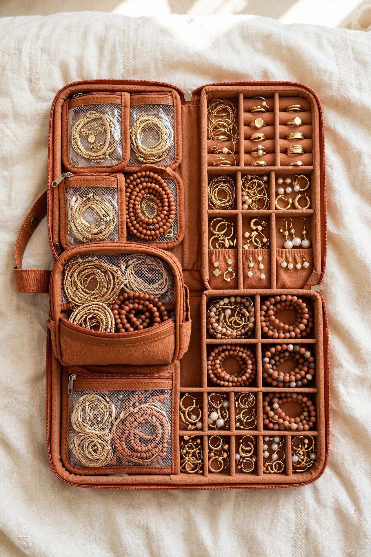 Open roll-up travel jewelry case with zippered compartments full of jewelry on a bed, travel-ready jewelry organization