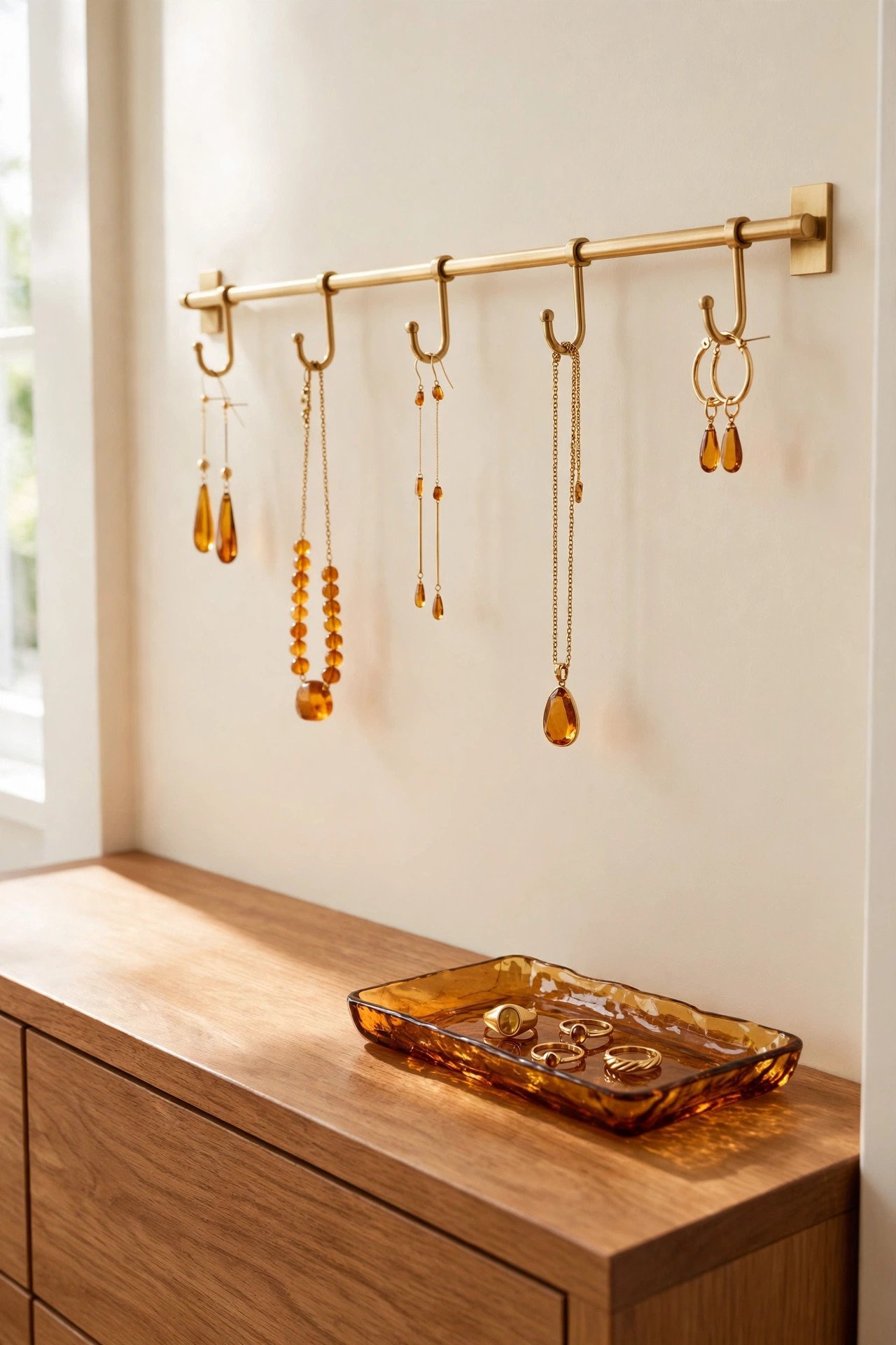 Slim brass wall rail with hooks holding necklaces above a vanity, wall-mounted jewelry organization
