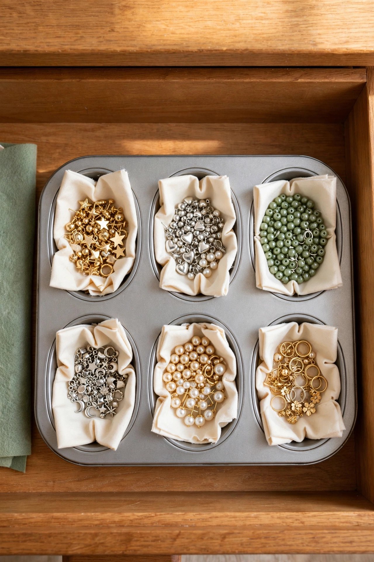 Muffin tin inside a drawer sorting stud earrings and charms into cups, a kitchen-hack jewelry organization idea