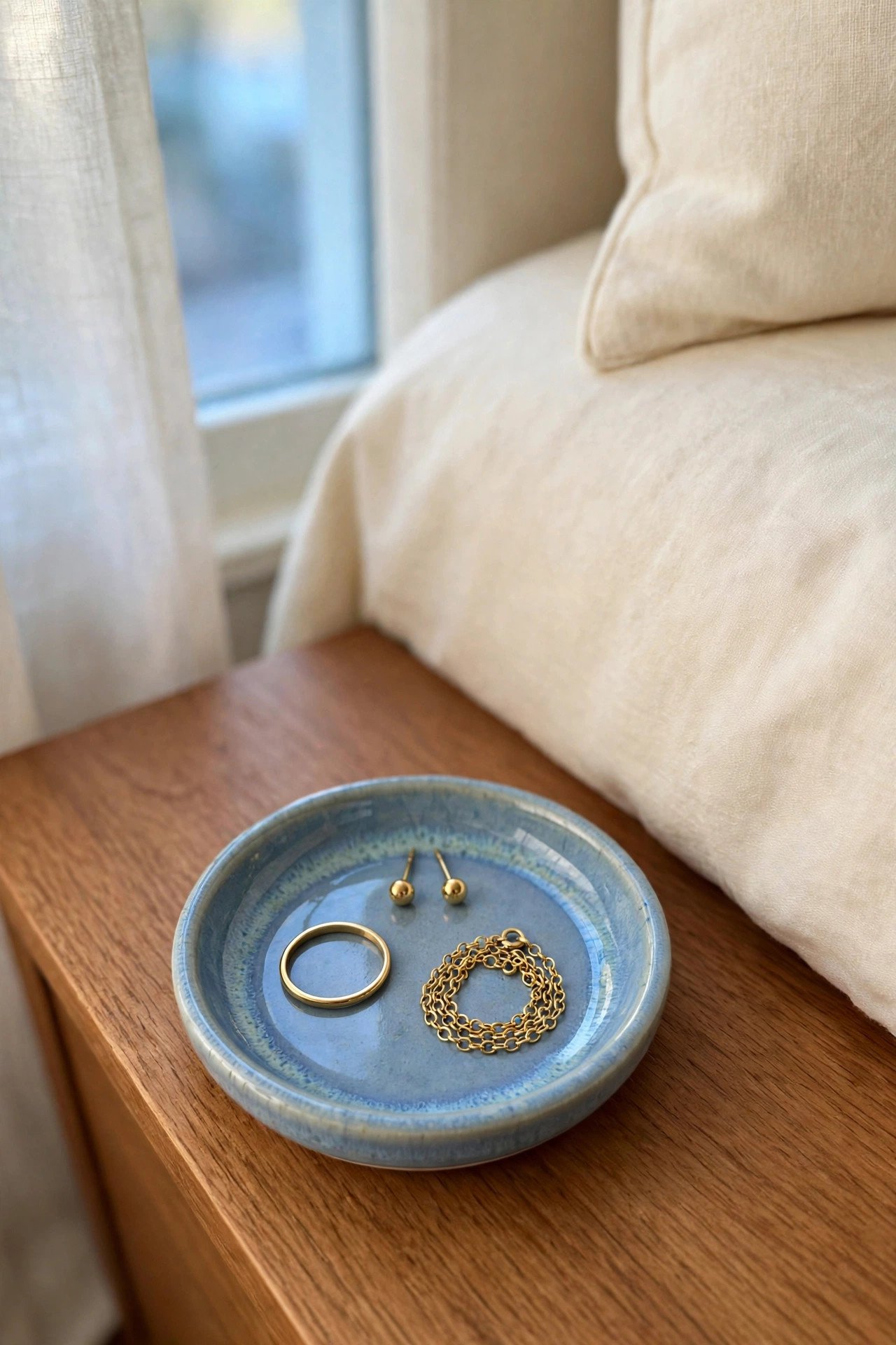 Ceramic trinket dish on a nightstand holding a gold ring and small earrings, bedside jewelry organization