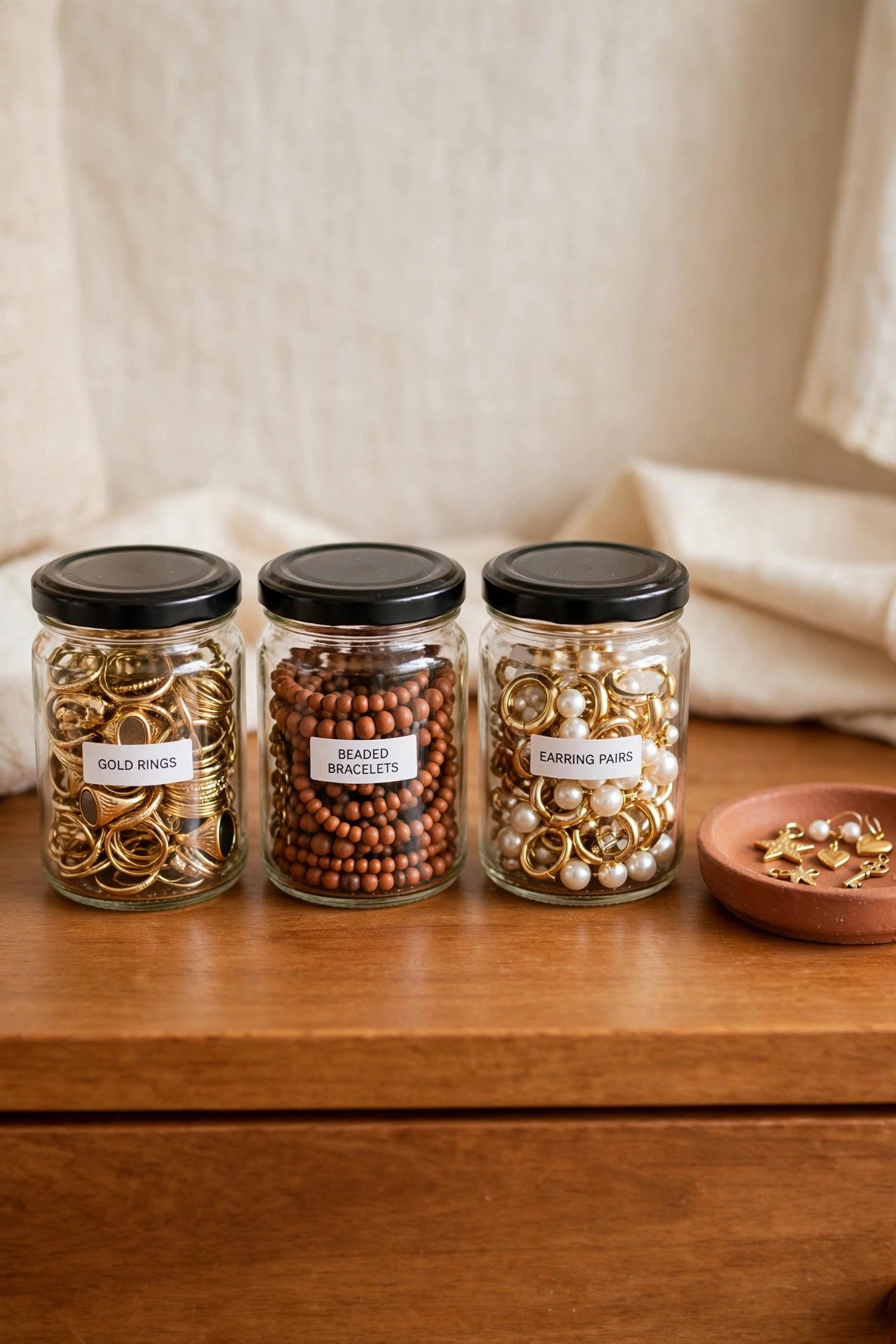 Row of small glass jars with lids storing sorted jewelry on a dresser shelf, visible jewelry organization