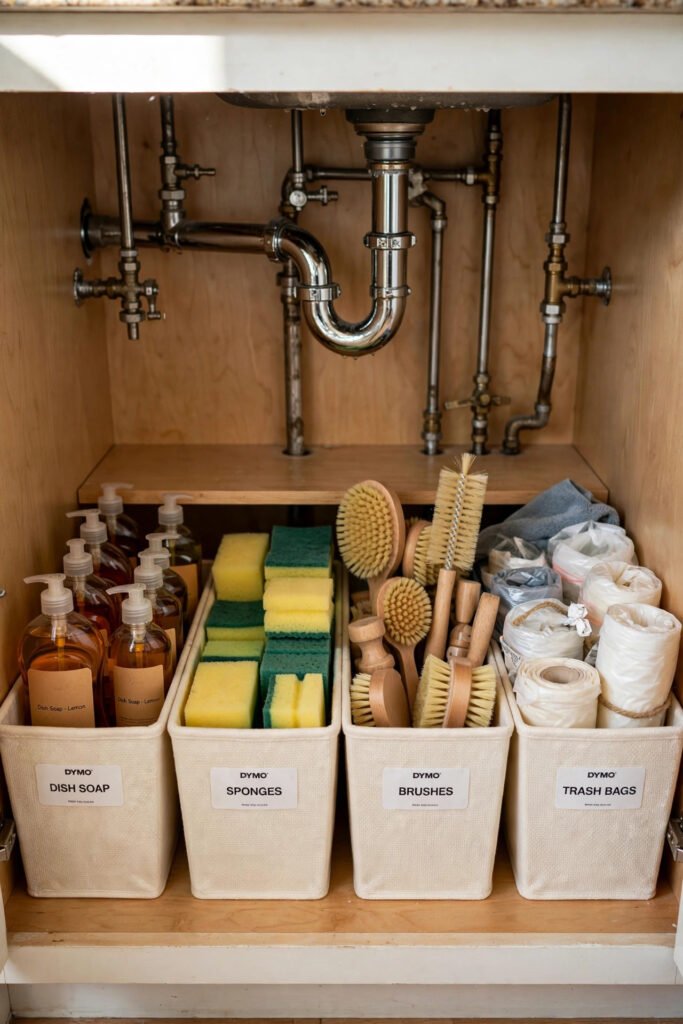 Labeled bins organizing under sink supplies by category