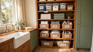 Well organized laundry room with labeled baskets and jars on warm wood shelves