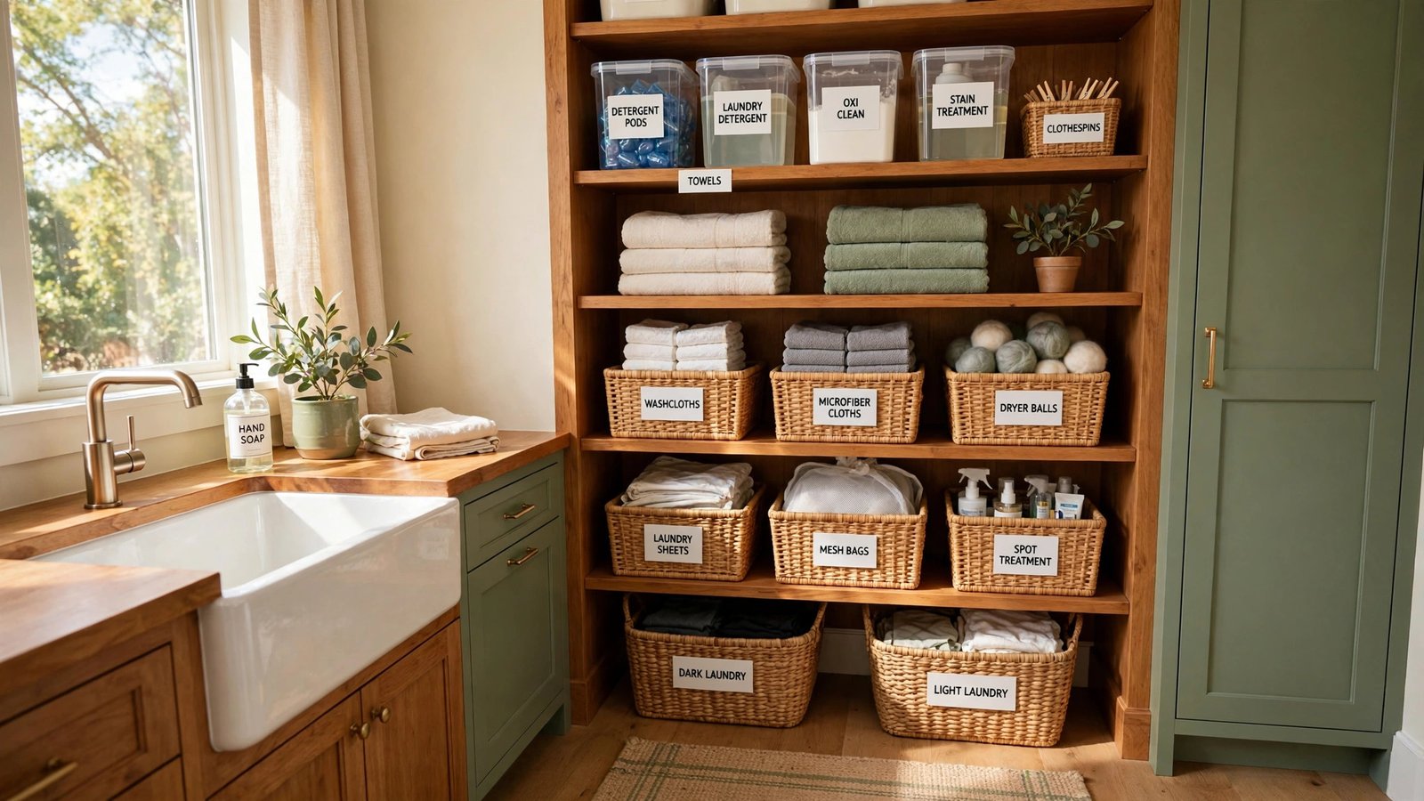 Well organized laundry room with labeled baskets and jars on warm wood shelves