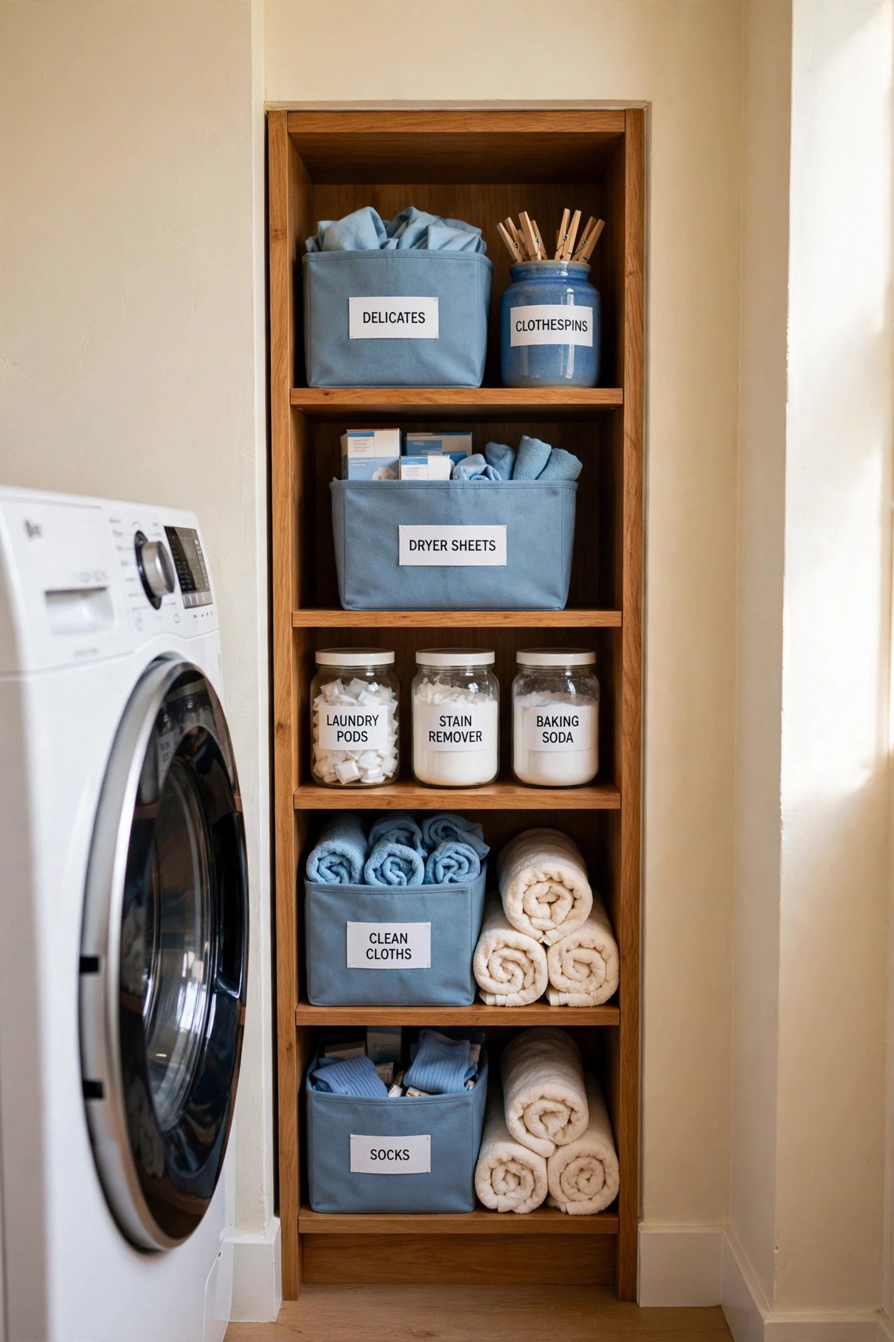 Slim vertical shelf tower with labeled detergent jars beside stacked washer and dryer for laundry room organization