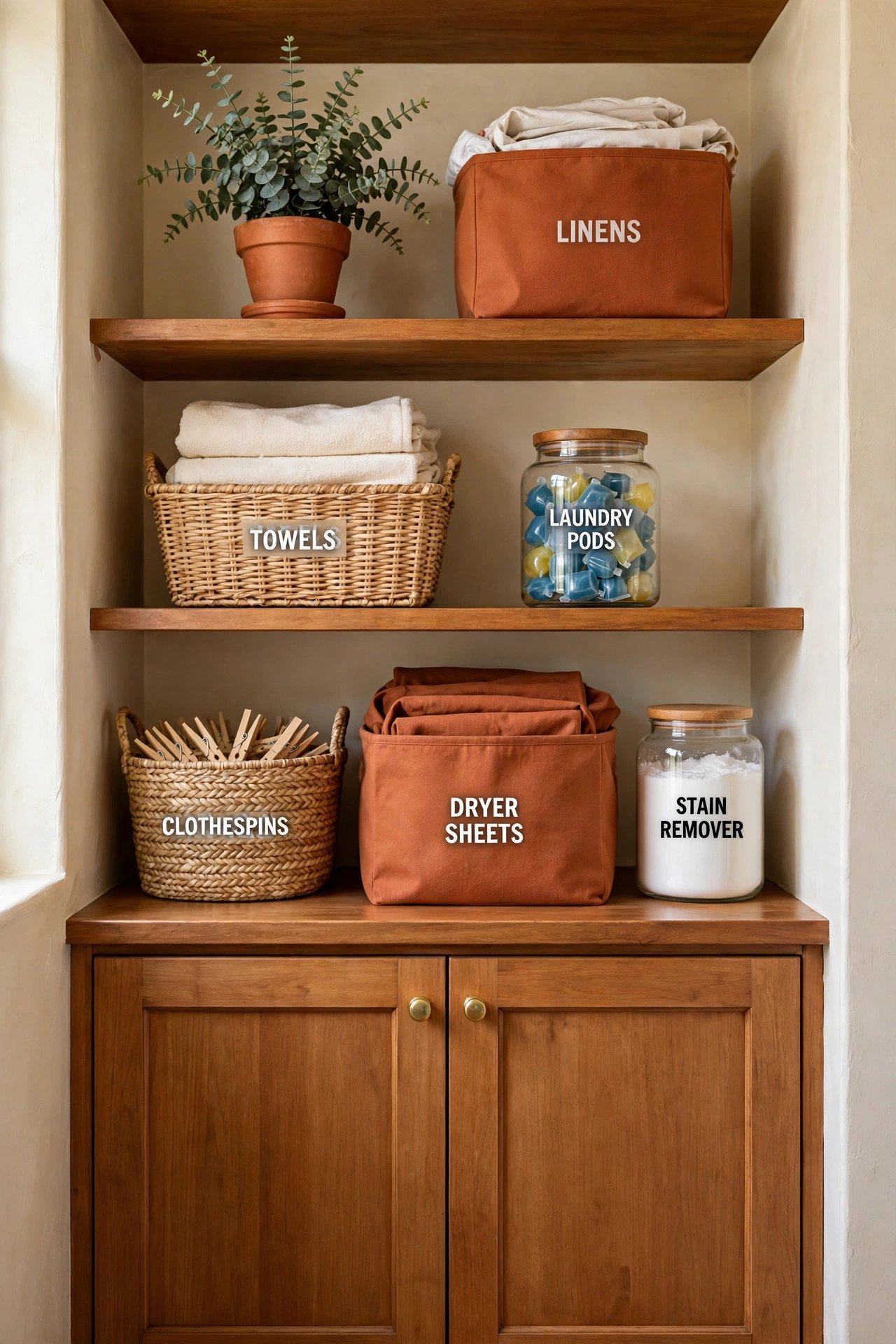 Laundry machines hidden behind full-height cabinet doors with pull-out drawers for organized storage