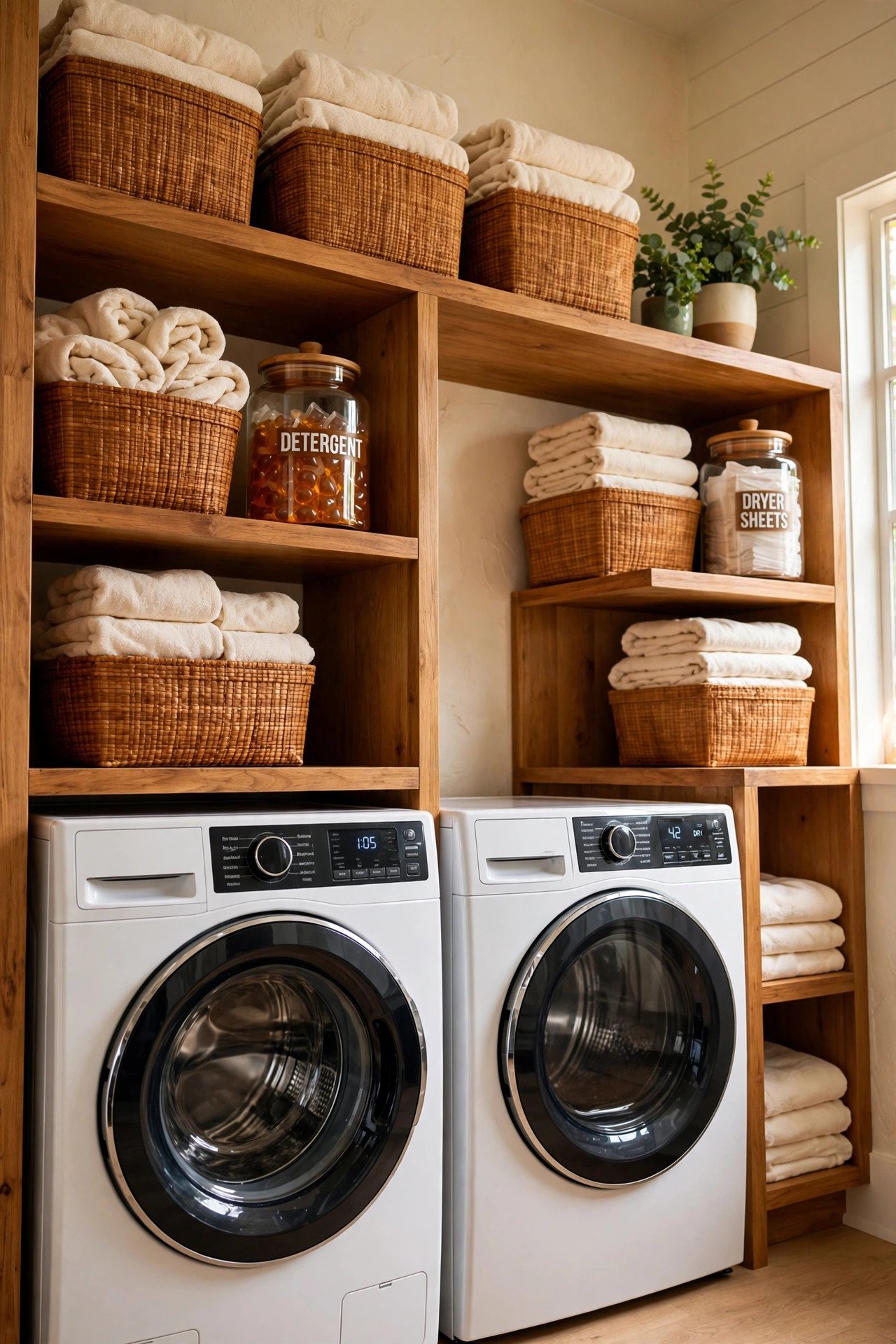 Open wood shelves wrapping around washer and dryer with folded towels for laundry room organization