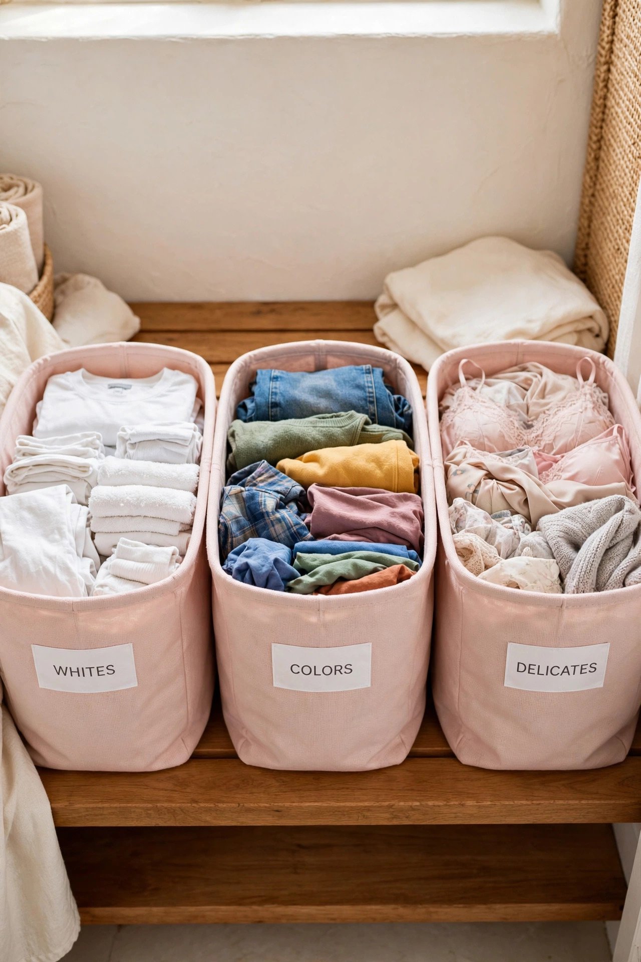 Labeled baskets on open shelves assigning each category a job in laundry room organization