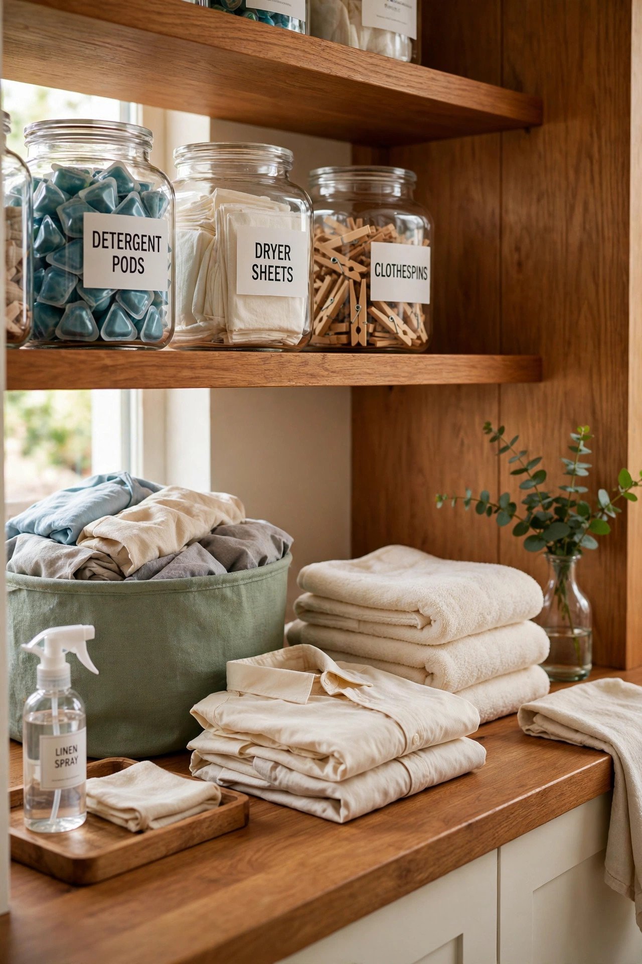 Folding station counter beside stacked washer and dryer with hamper underneath