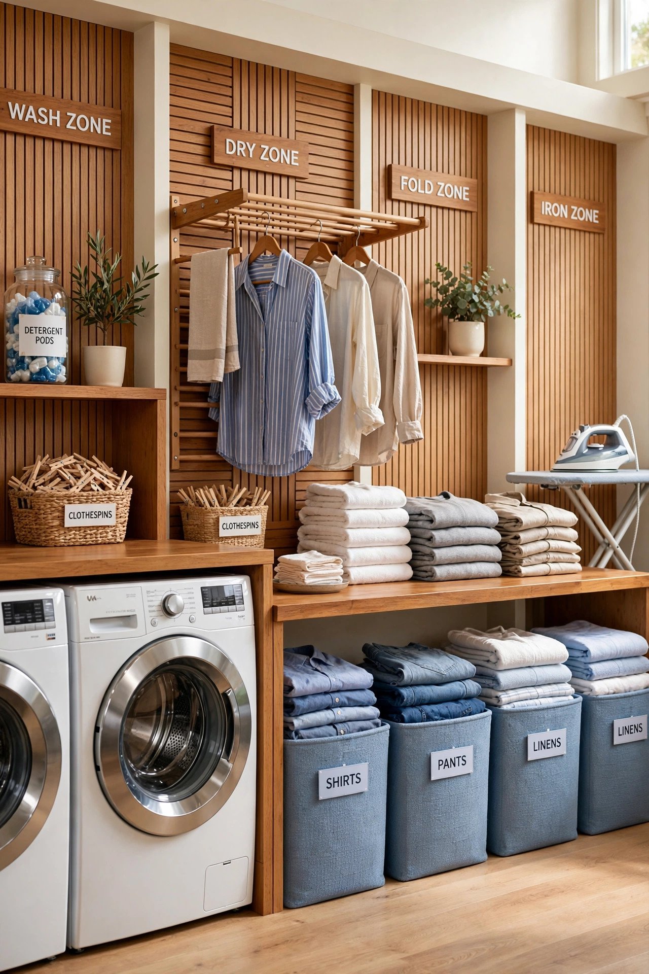 Utility wall with pegboard, sink, and cubbies organizing every laundry chore