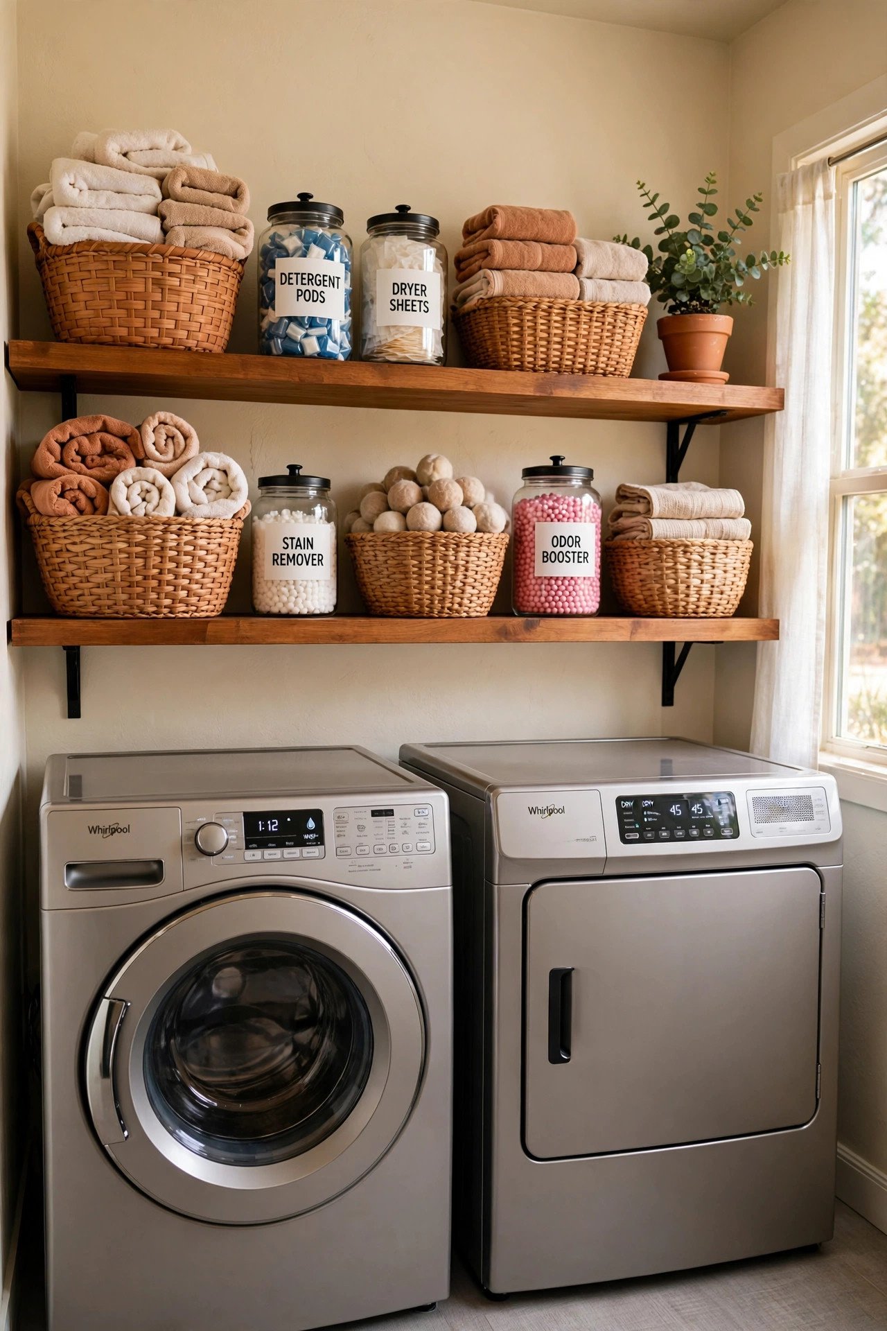 Full-width shelves and counter above side-by-side machines holding laundry room organization baskets