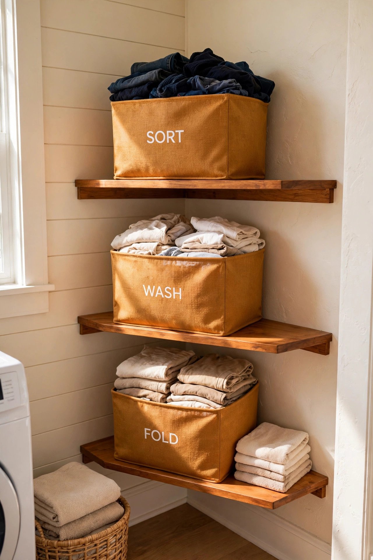 Corner shelves with pull-out wire baskets for sorting laundry in a laundry room
