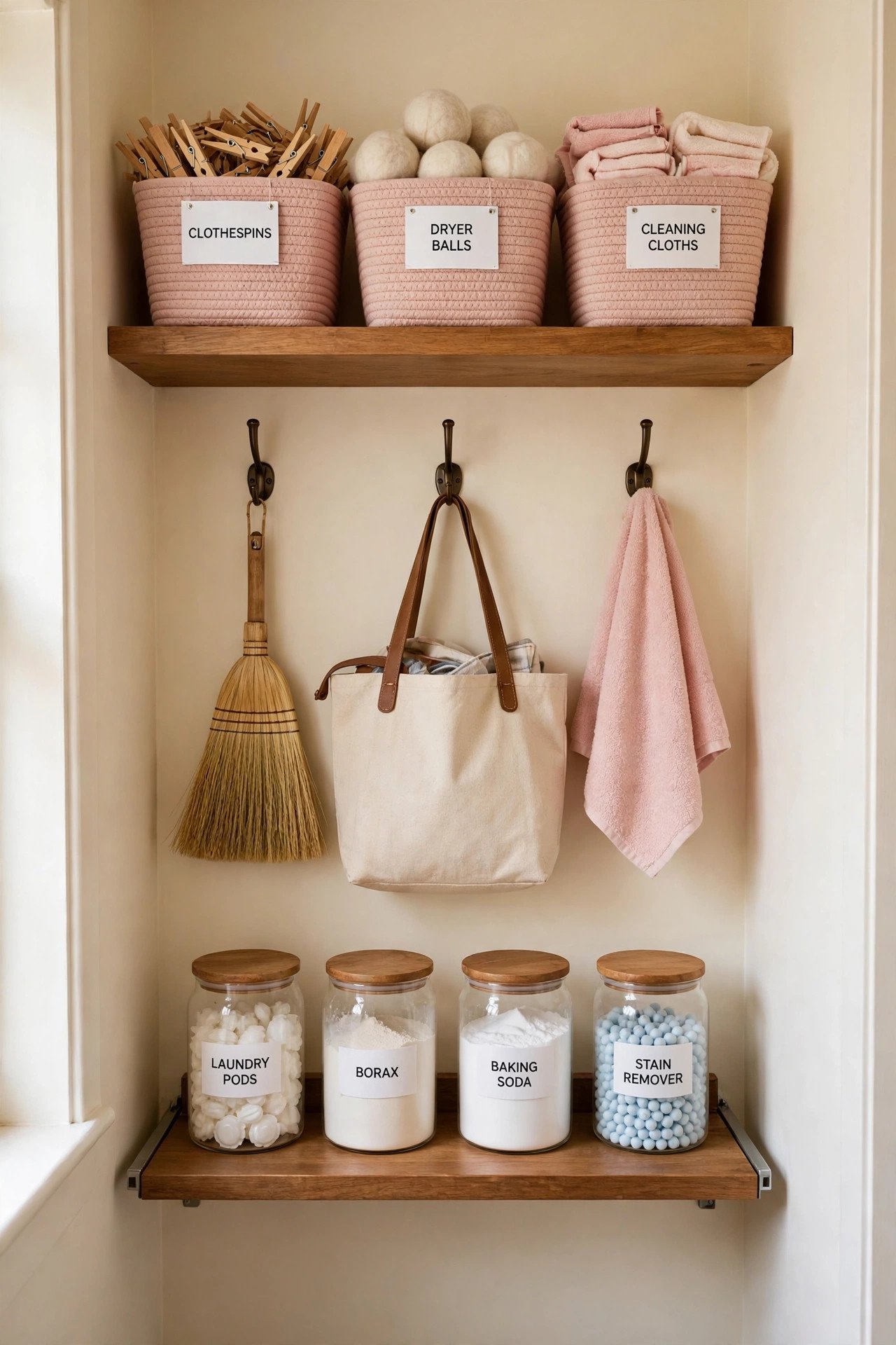 Narrow laundry wall combining shelves, hanging rail, and slim storage for laundry room organization