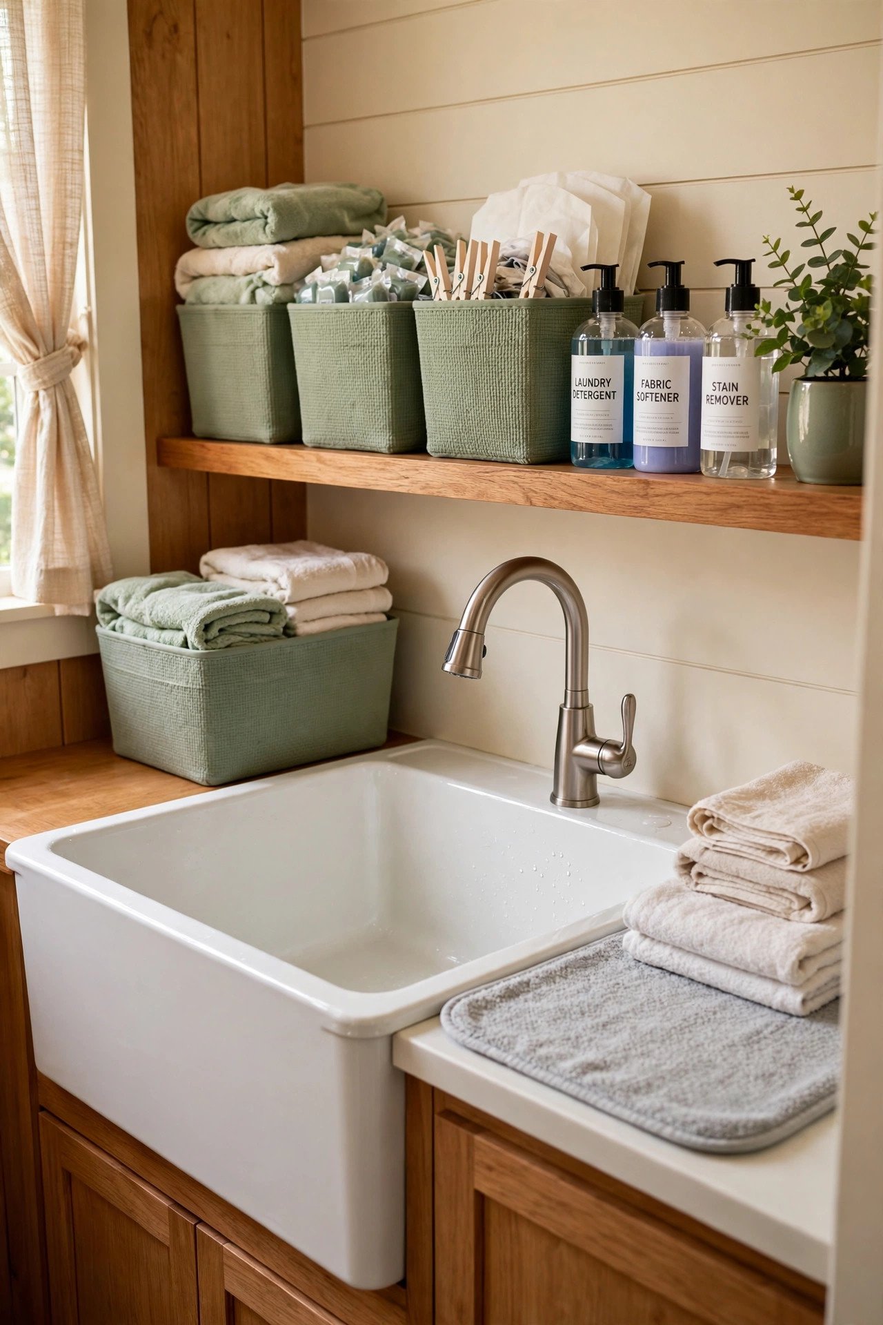 Laundry sink zone with open shelves of baskets and supplies in an organized laundry room