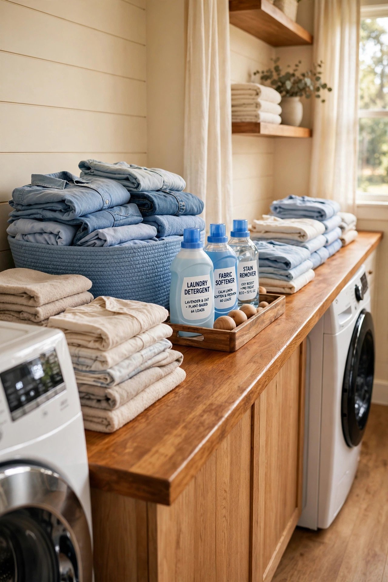 Long counter across washer and dryer with open shelves for laundry room organization