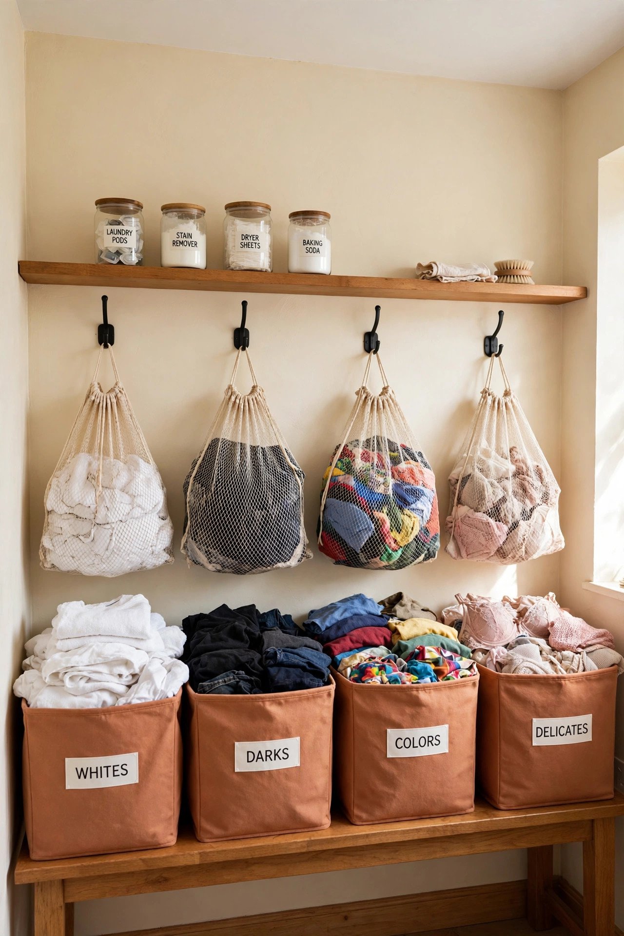 Long wall with open shelves, folding counter, and labeled sorting baskets for laundry room organization