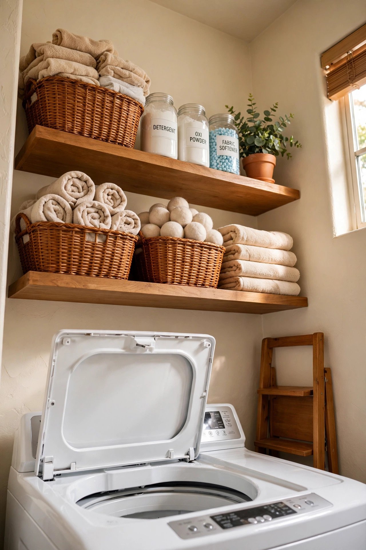 High cabinets and open shelf above a top-loading washer storing laundry supplies