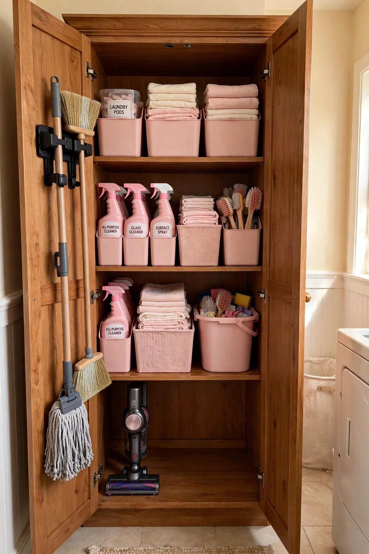 Full-height utility cabinet with brooms, mops, and labeled bins organizing laundry room supplies