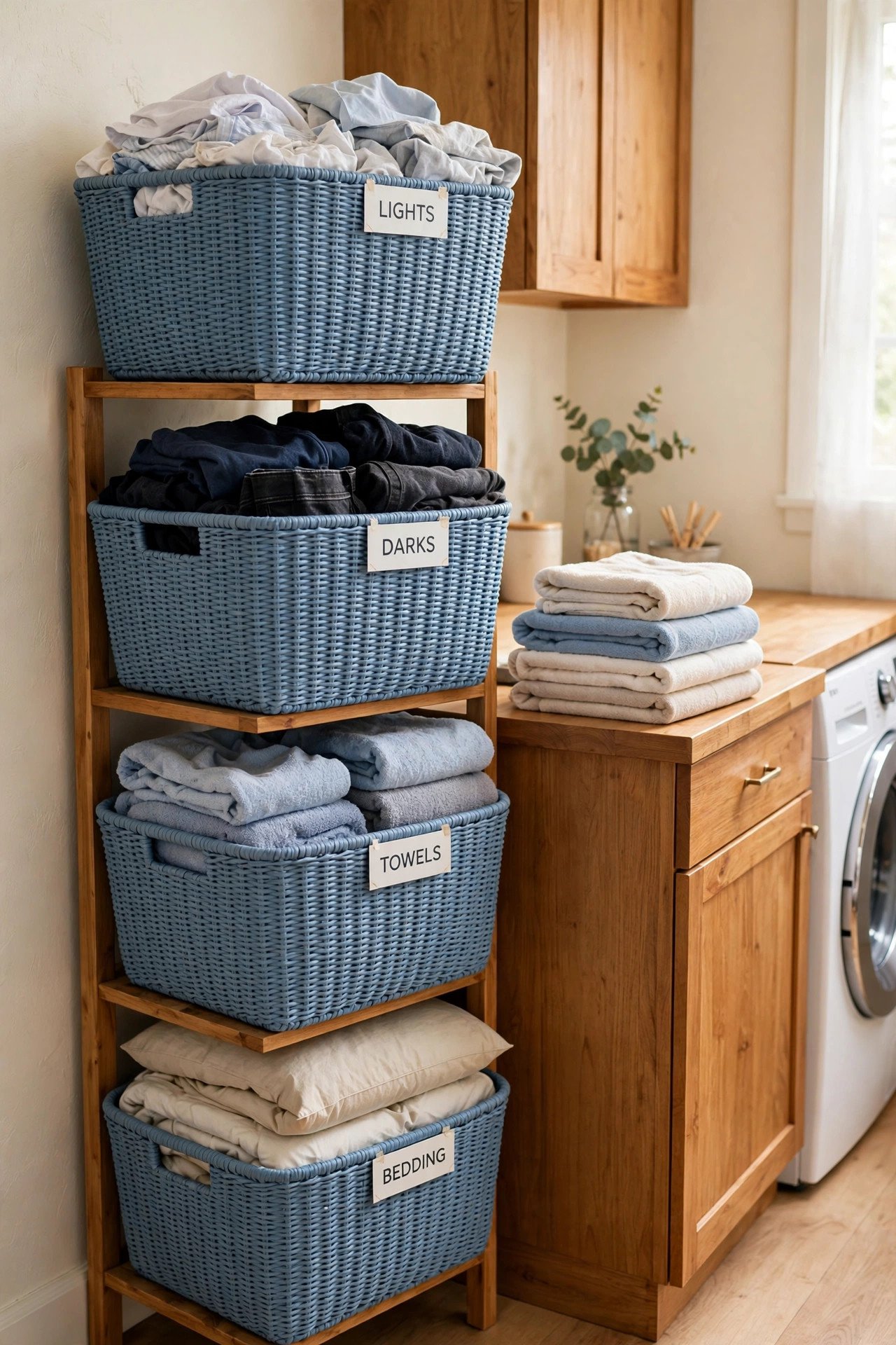 Tall basket tower with labeled loads beside the washer for laundry room organization
