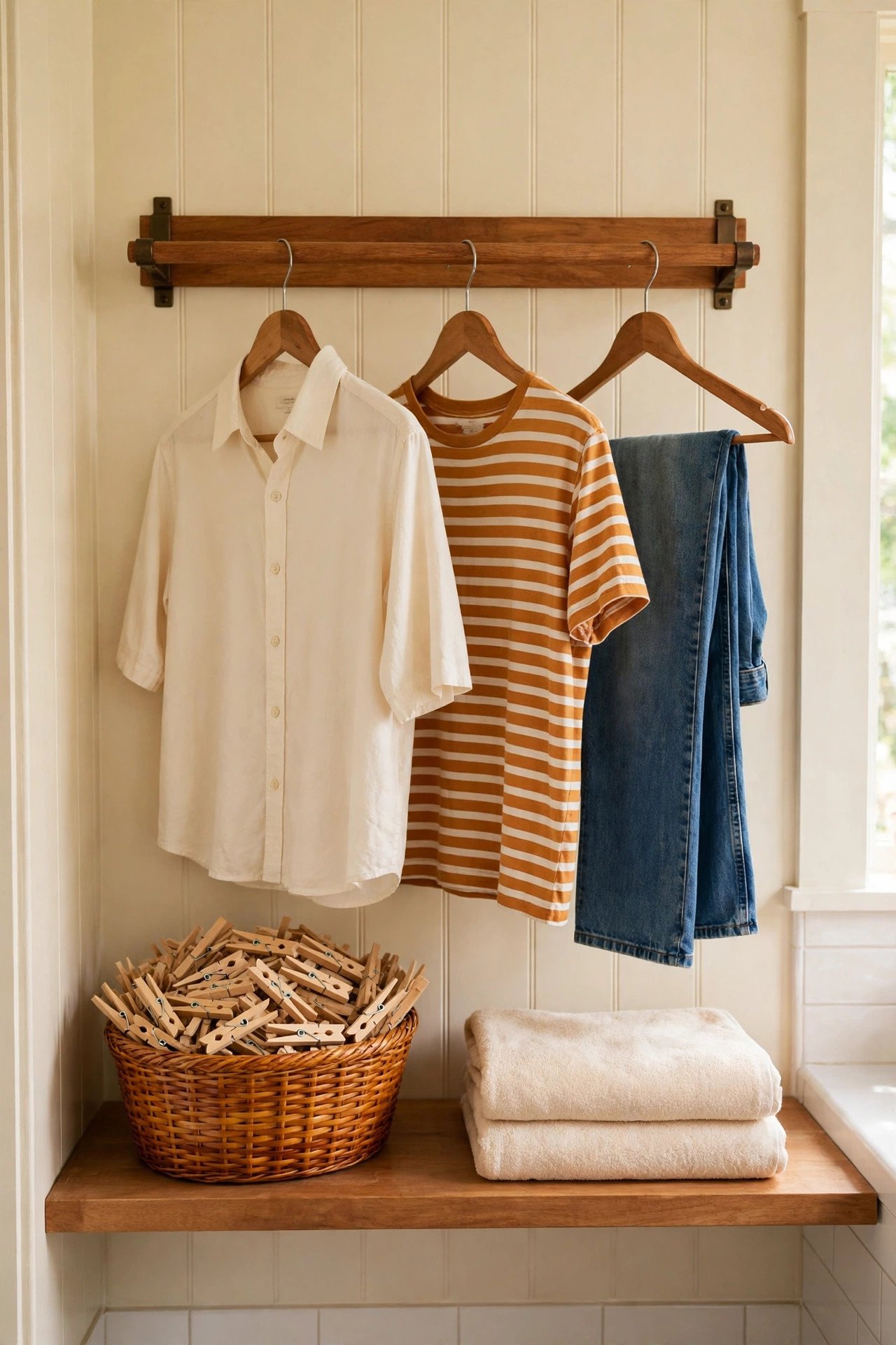Short hanging rail above the laundry counter drying shirts in an organized laundry room