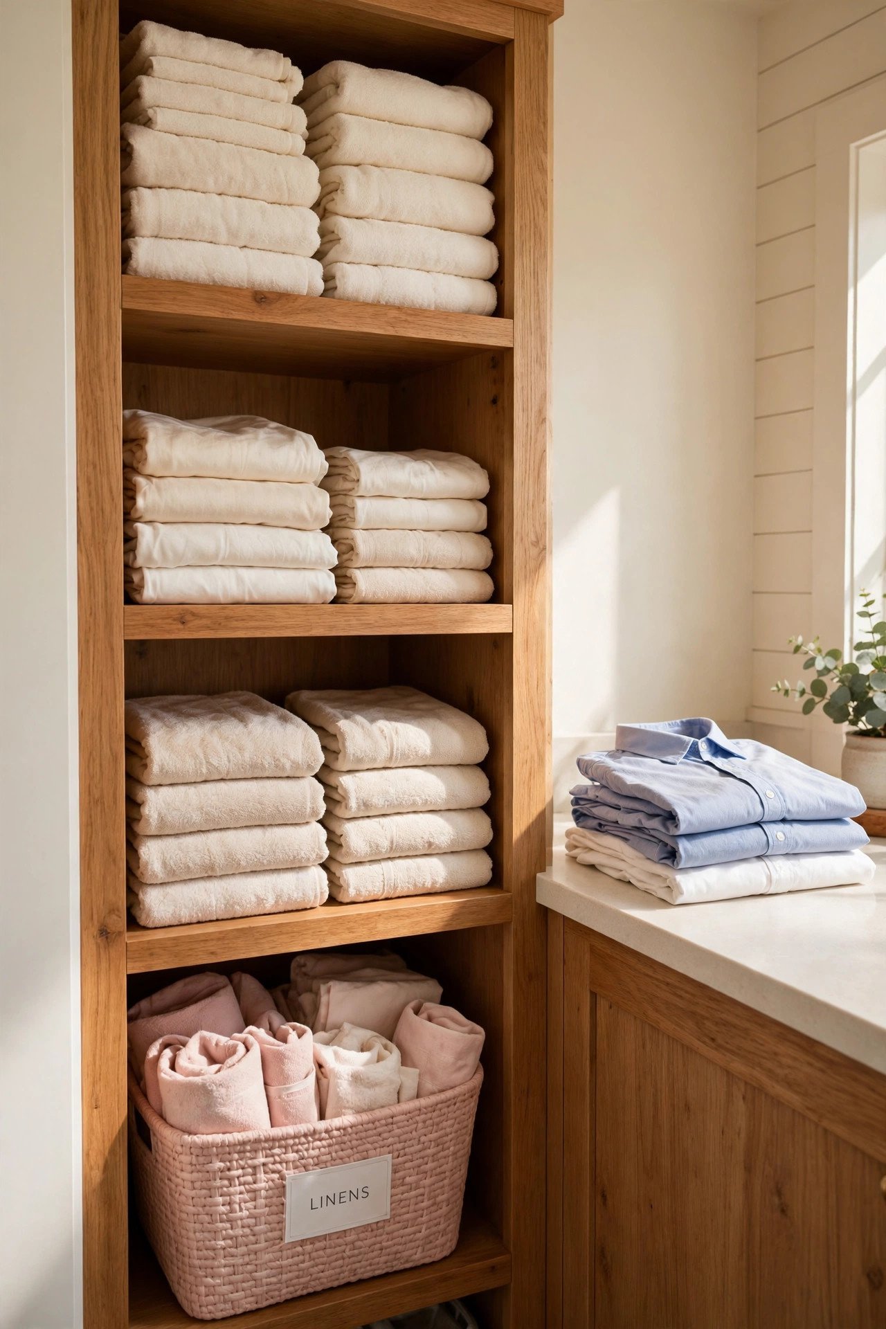 Open wood cubbies beside the laundry worktop holding labeled clean laundry baskets