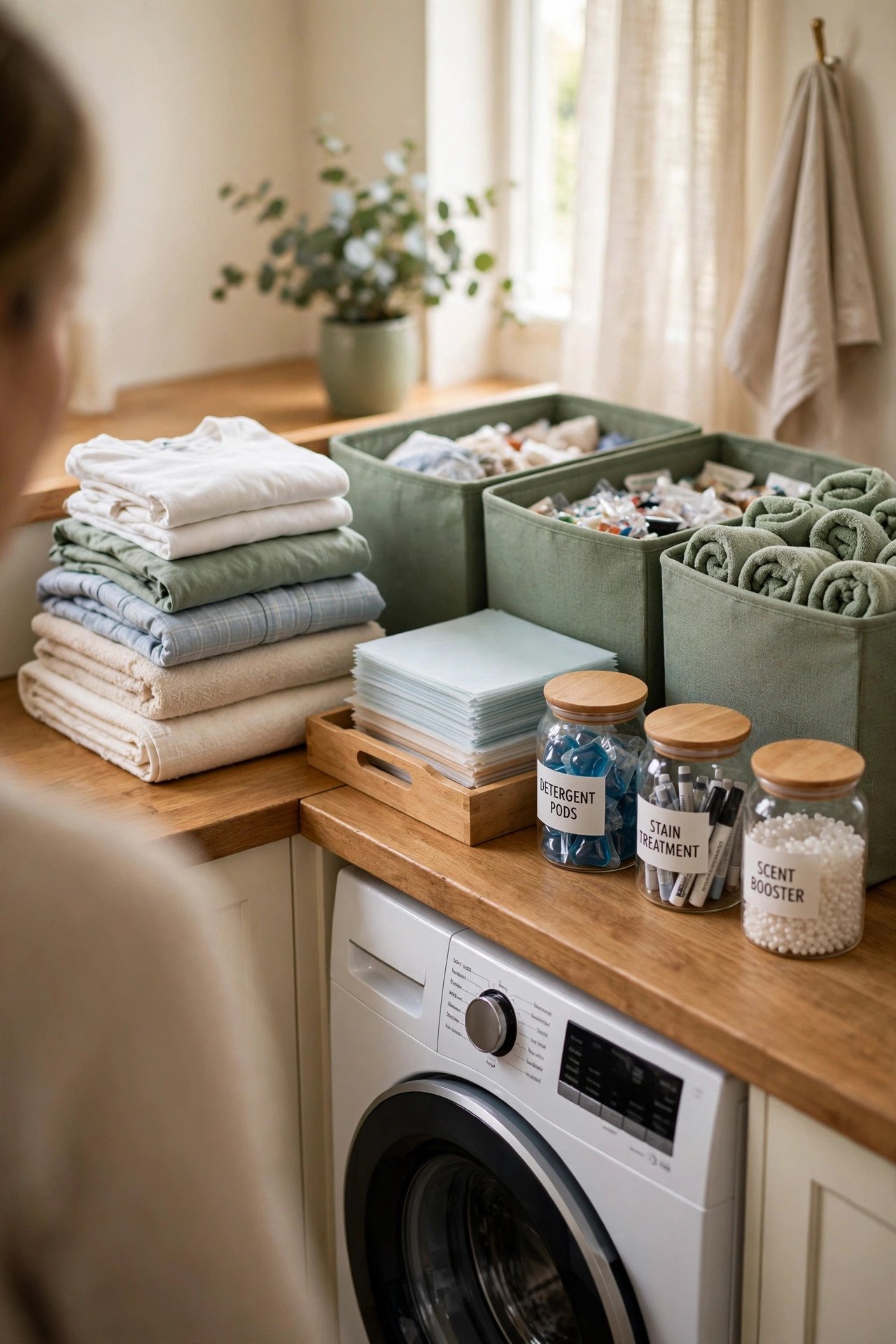 Compact laundry countertop over machines kept clear for folding and sorting tasks