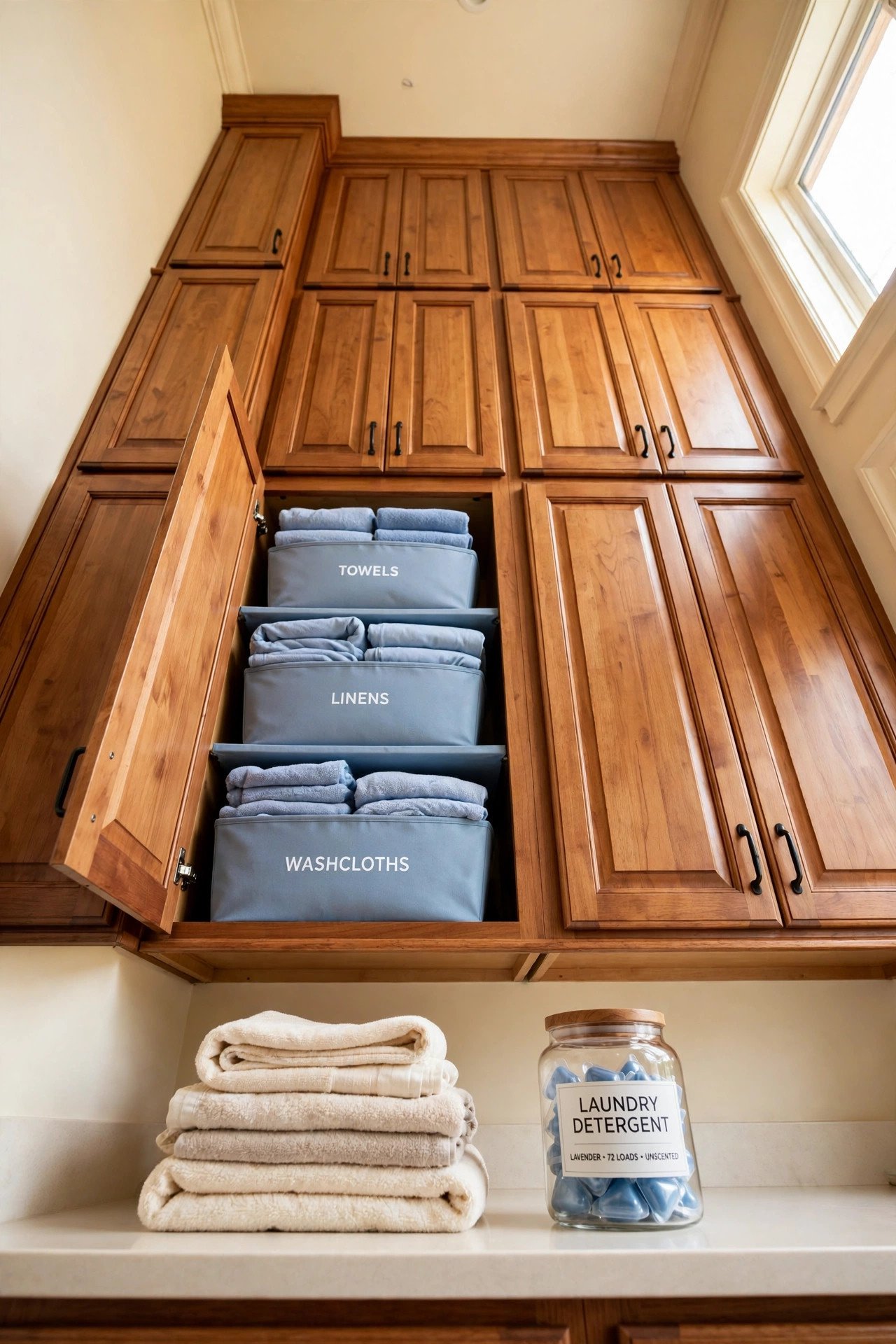 Closed cabinets to the ceiling with one open shelf keeping a laundry room calm and organized