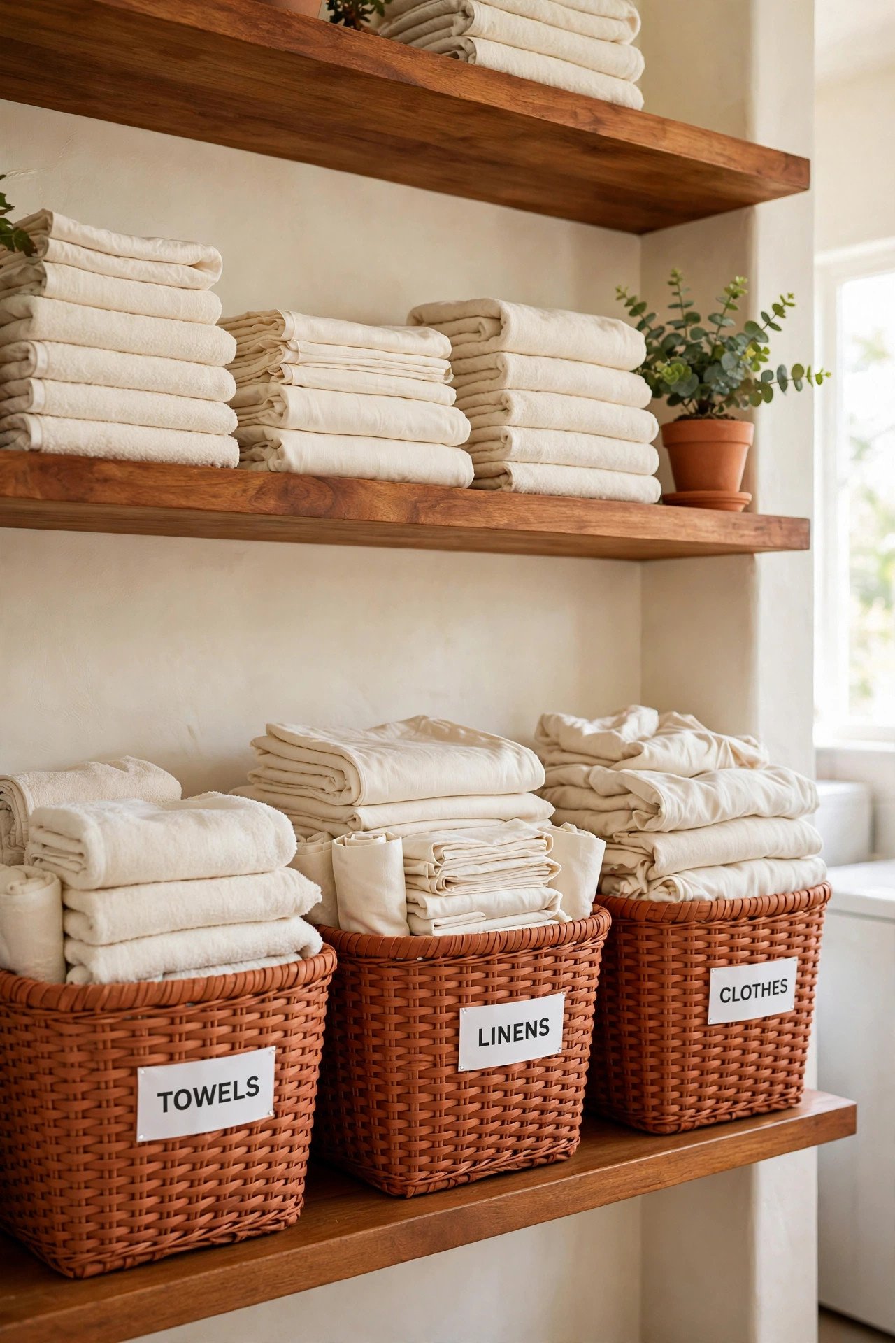 Open shelves with matching baskets and folded linens above a laundry folding counter