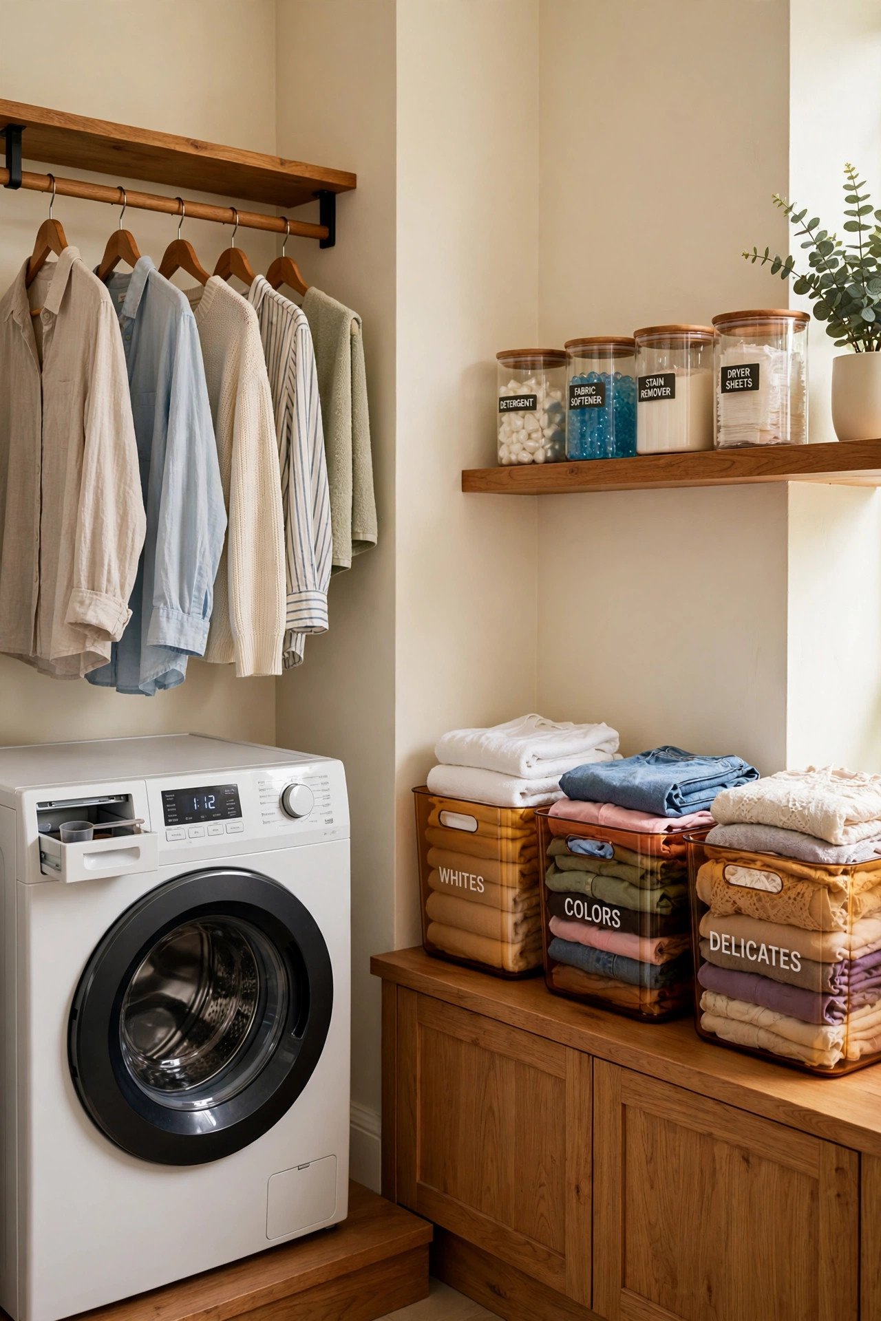 Single compact wall combining washing, hanging rail, sink, and cubbies for laundry room organization