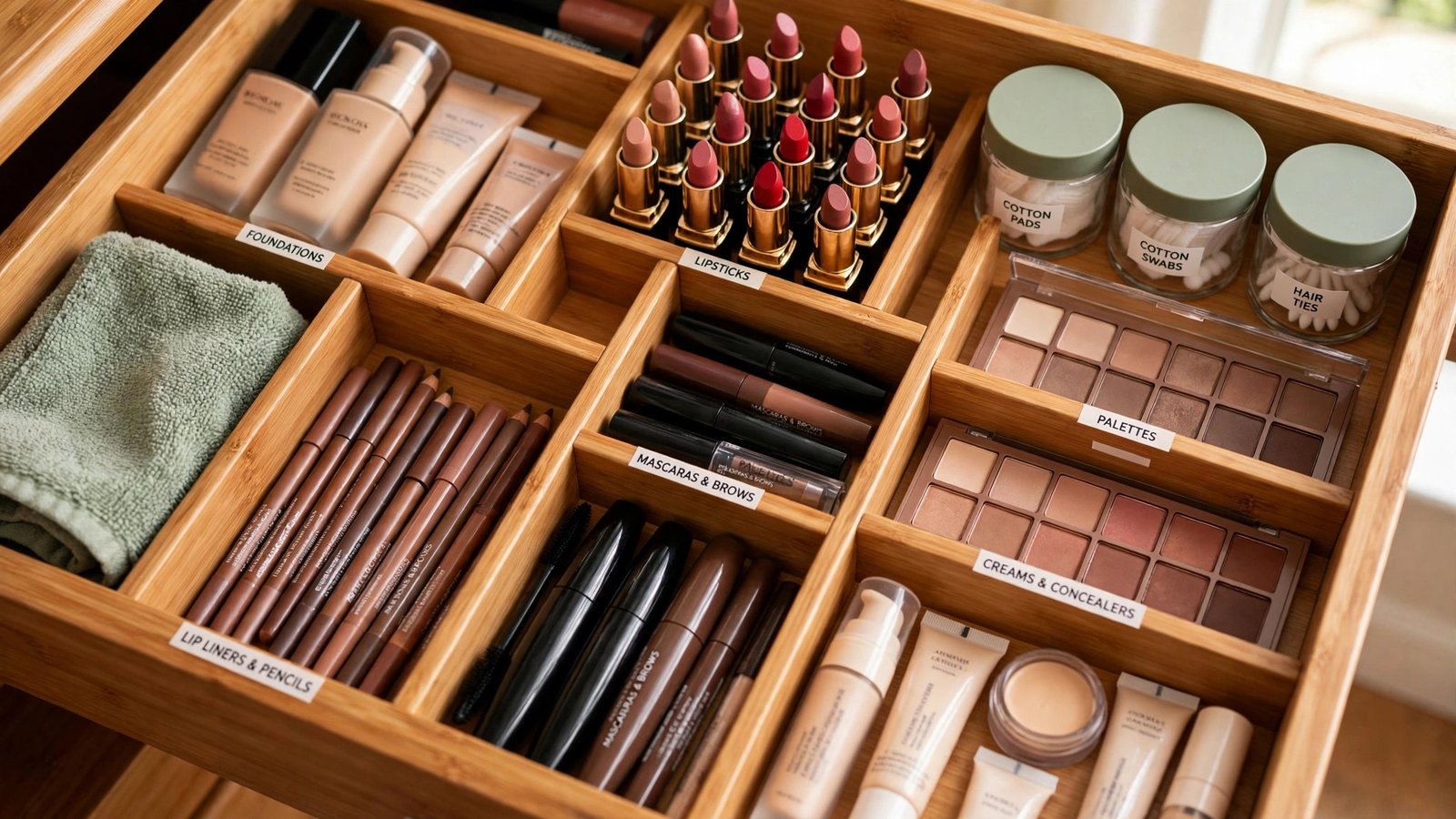 Organized makeup drawer with labeled compartments for foundations, lipsticks and brushes